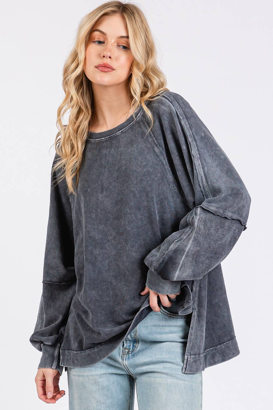 Mineral Wash Raglan Long Sleeve Oversized Top S15303