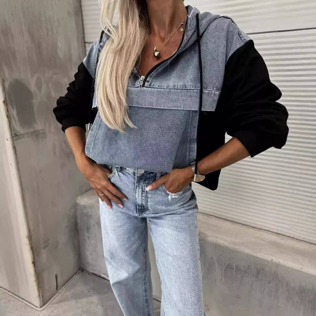 Casual Oversized Denim Hoodie for Women: Black / L
