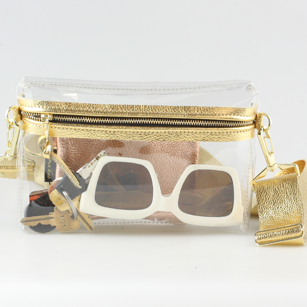 The CLEAR Stadium Hip Bag / Shoulder Bag: 2sizes: Gold / 9"x6" / Matching Leather Strap