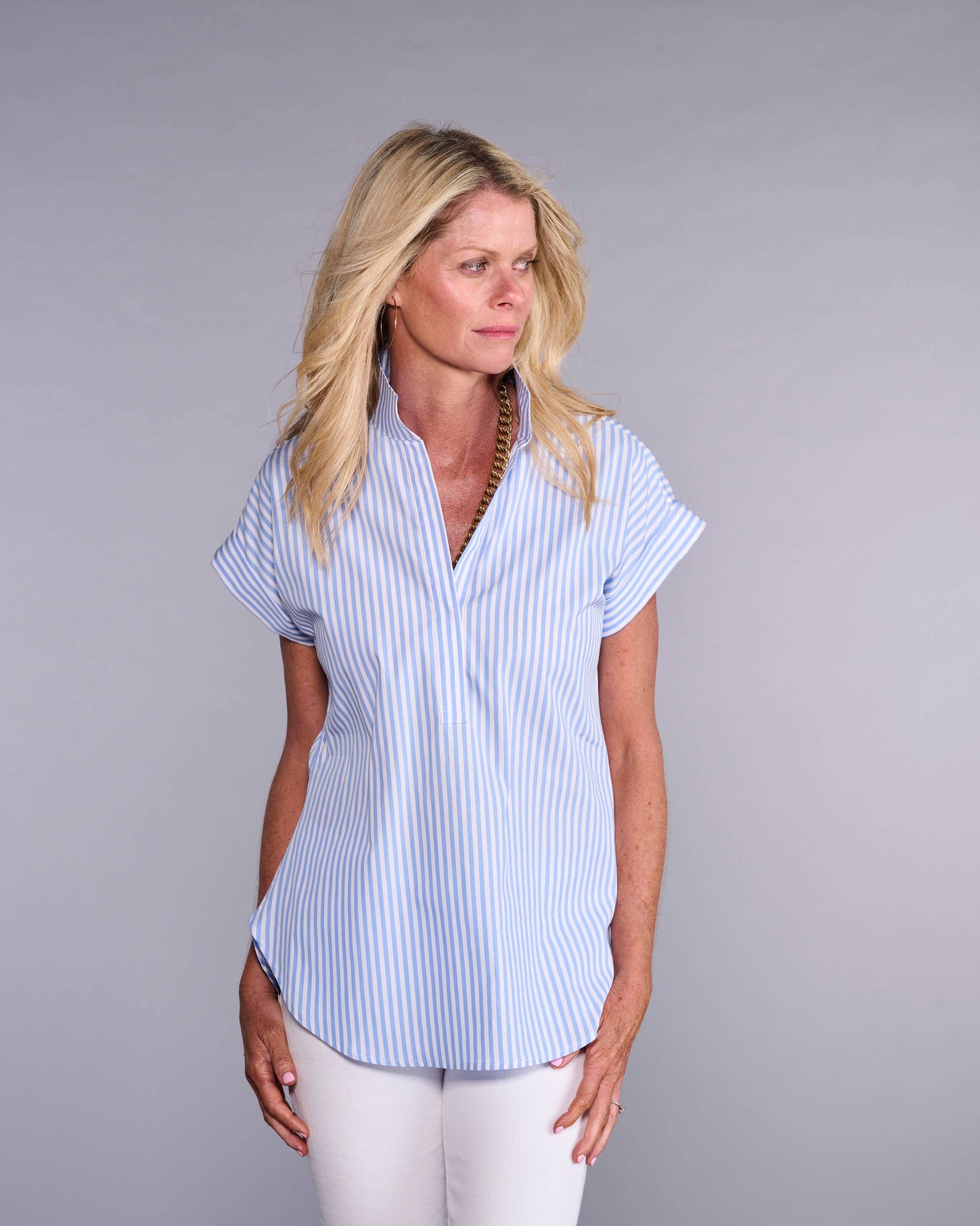 The Cap Sleeve League Blouse in Lapis Blue Stripe: XL