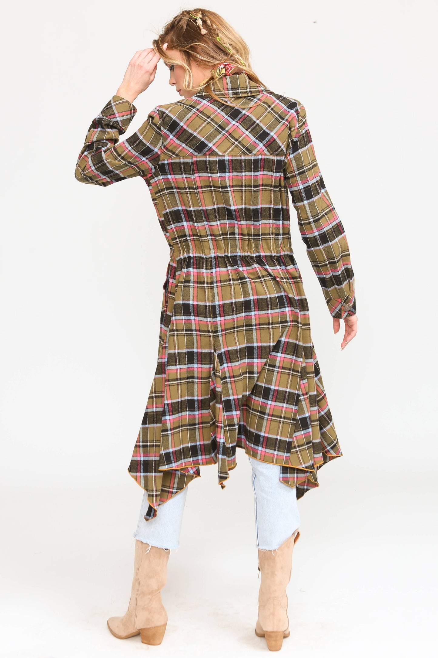 Coco Plaid Trench Coat: Black/Fuschia / L