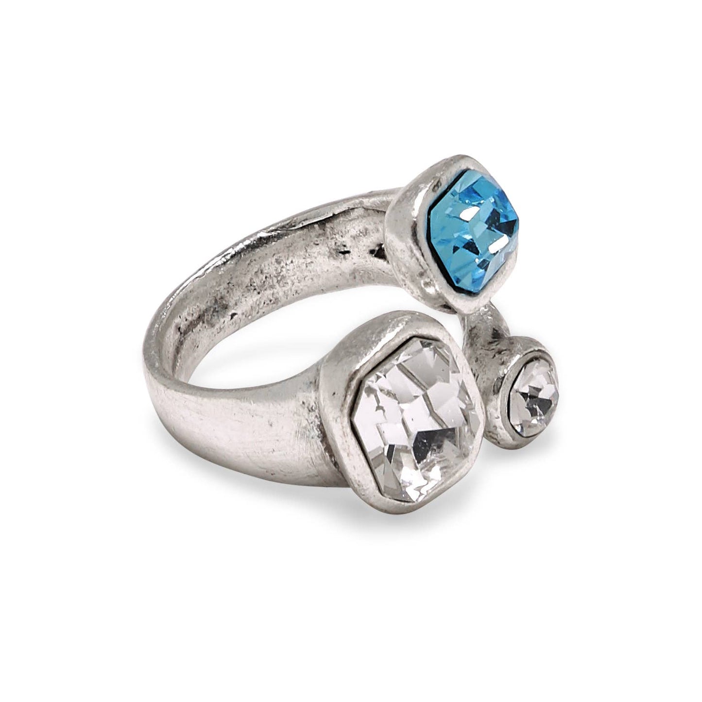Handmade Clear Blue Crystal Brass Ring - 6984