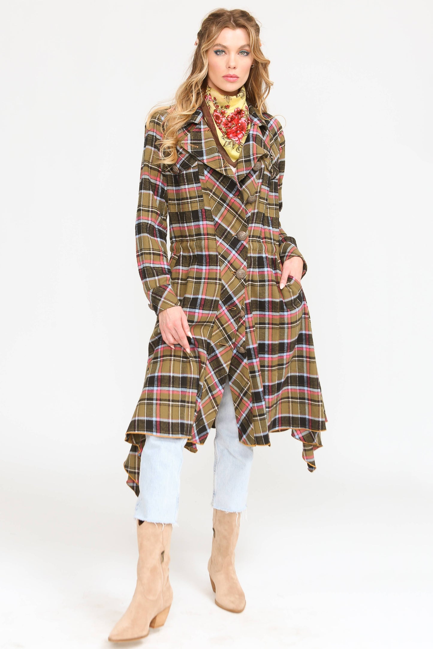 Coco Plaid Trench Coat: Black/Fuschia / L
