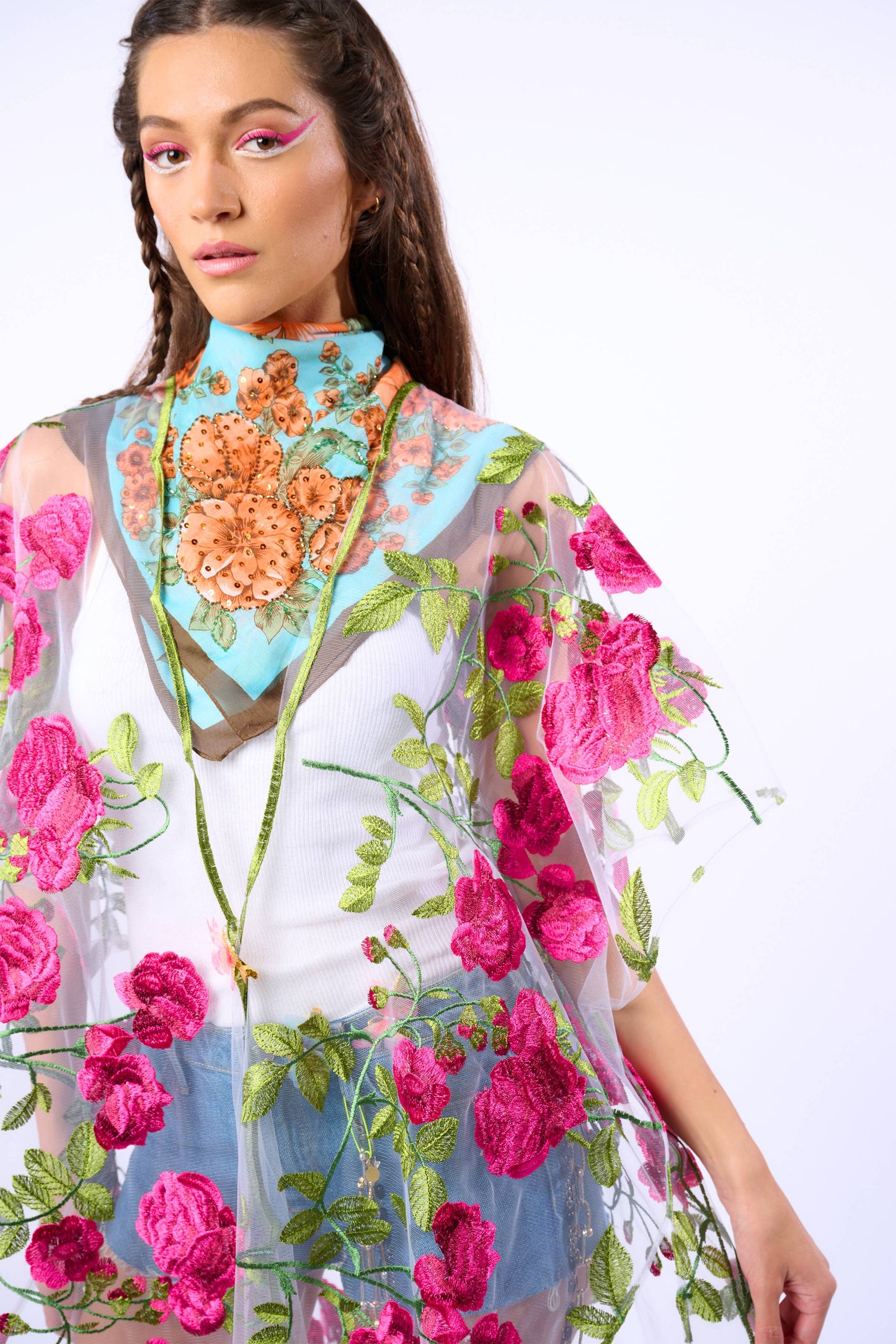Holiday Of Love Embroidered Mesh Kimono / Topper : Rose Embroidery / One Size