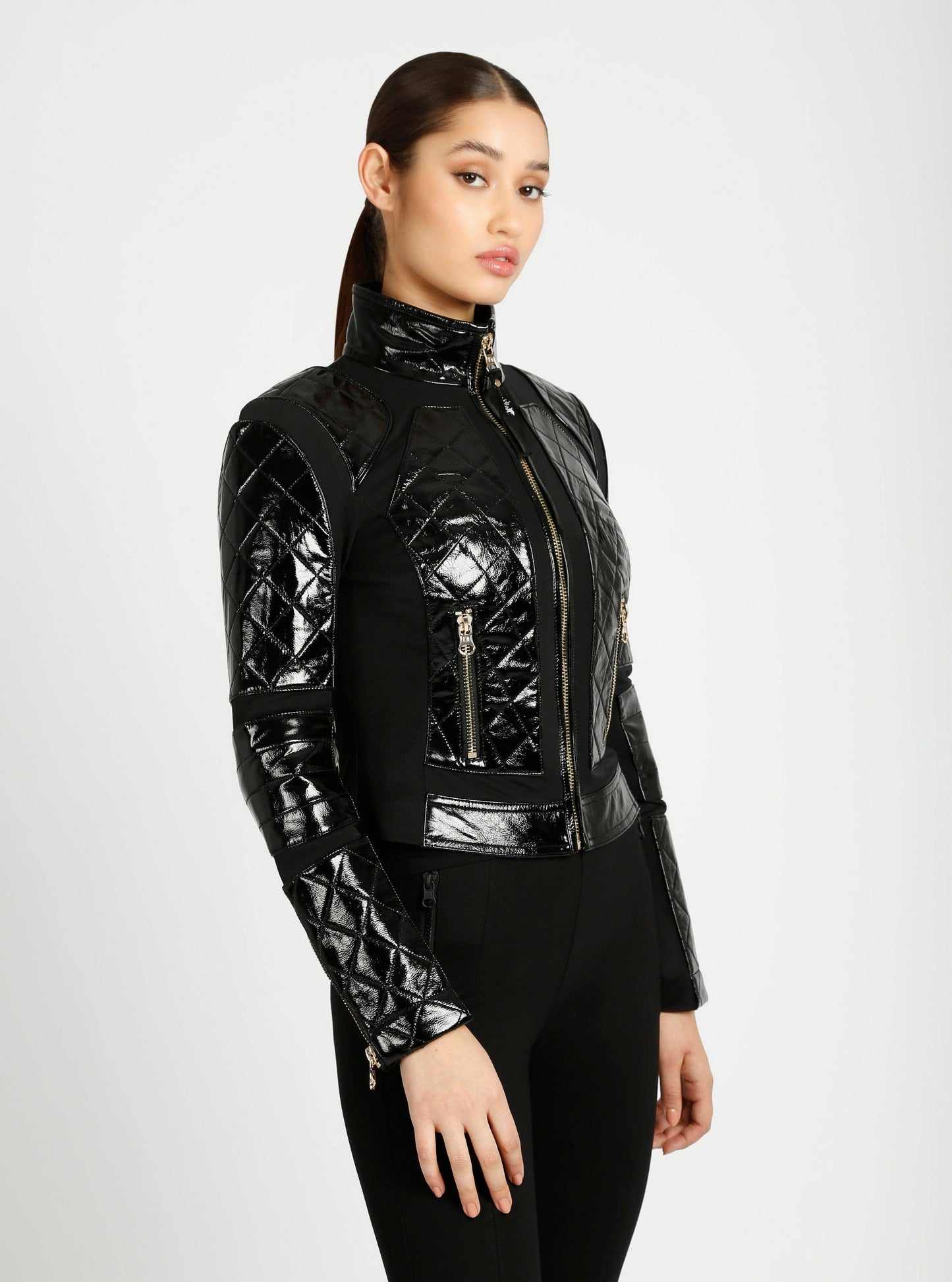 Crushed Patent Leather Gold Mesh Moto JLS - Blanc Noir