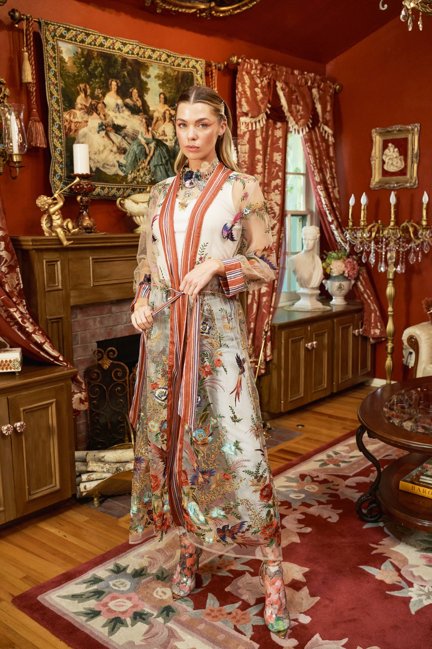 Jade Embroidered Mesh Duster / Topper: Red Stripe/Emb / M