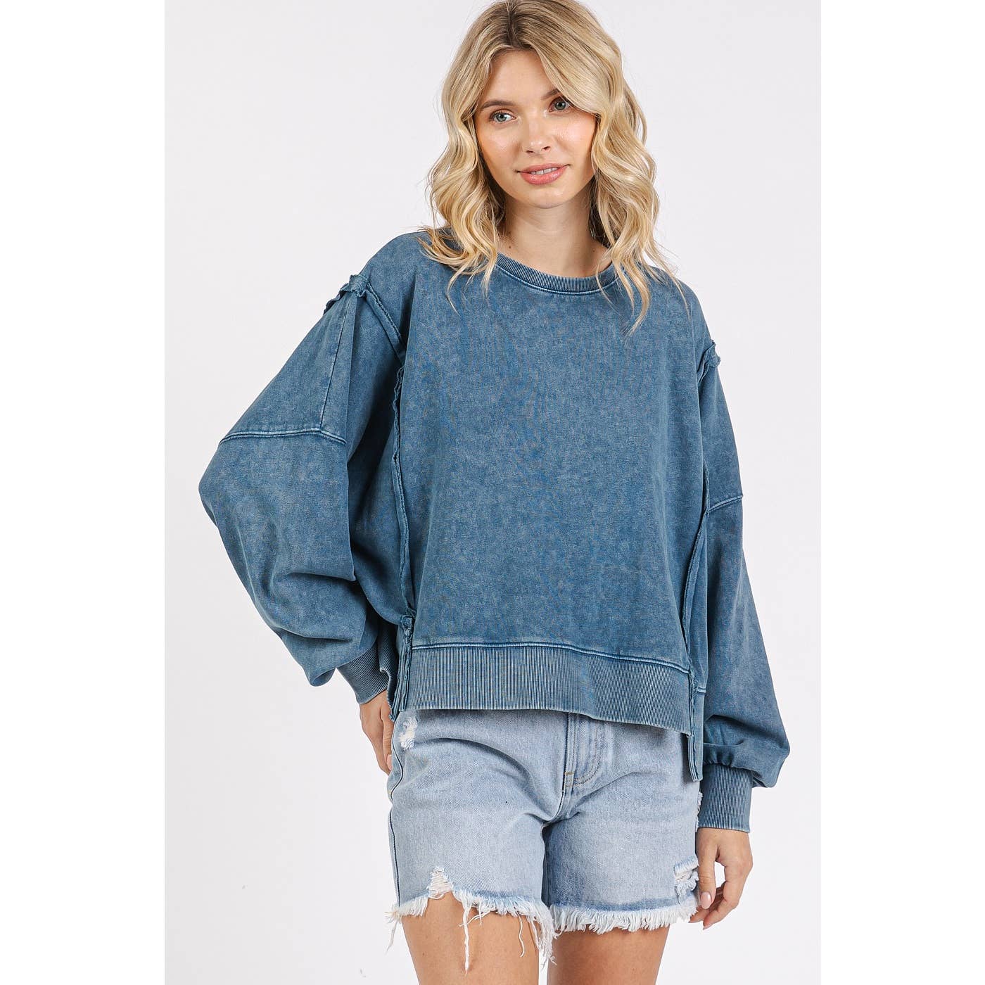 Mineral Wash Step Hem Crew Neck Long Sleeve Top S15459