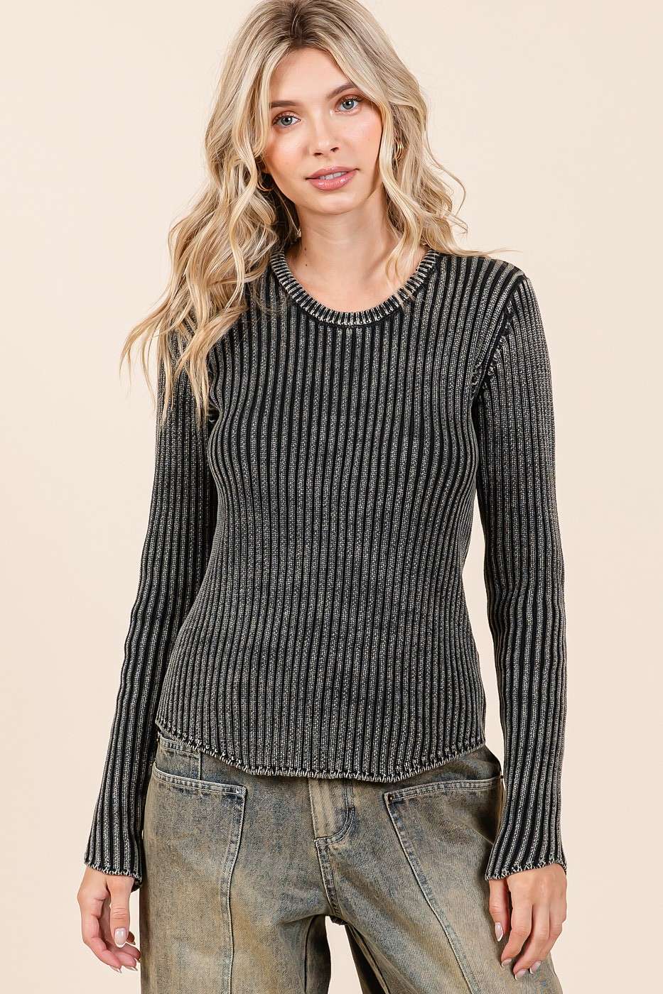 Mineral Wash Fitted Long Sleeve Rib Knit Sweater S20772