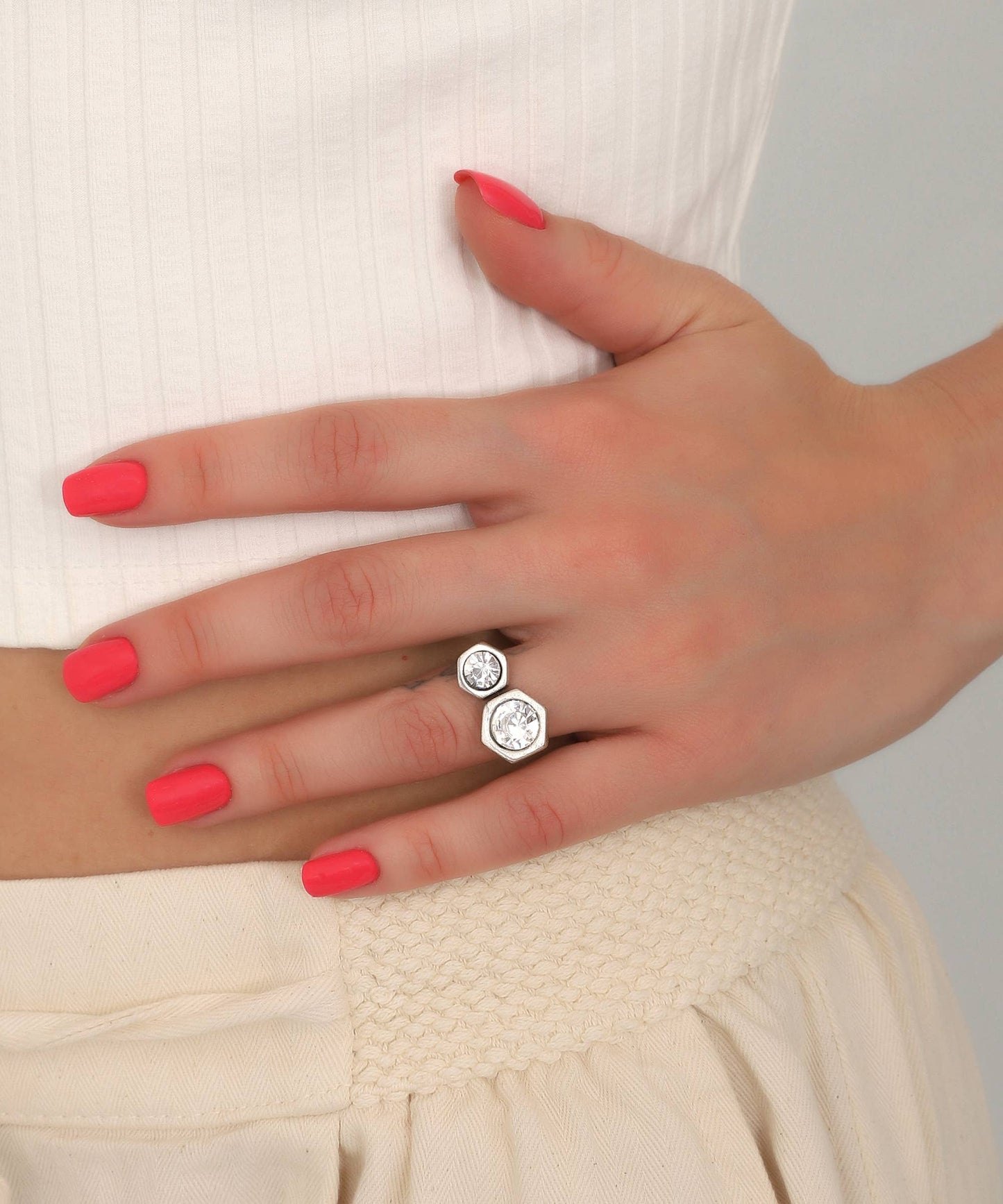 Antique Silver Plated White Stone Adjustable Ring
