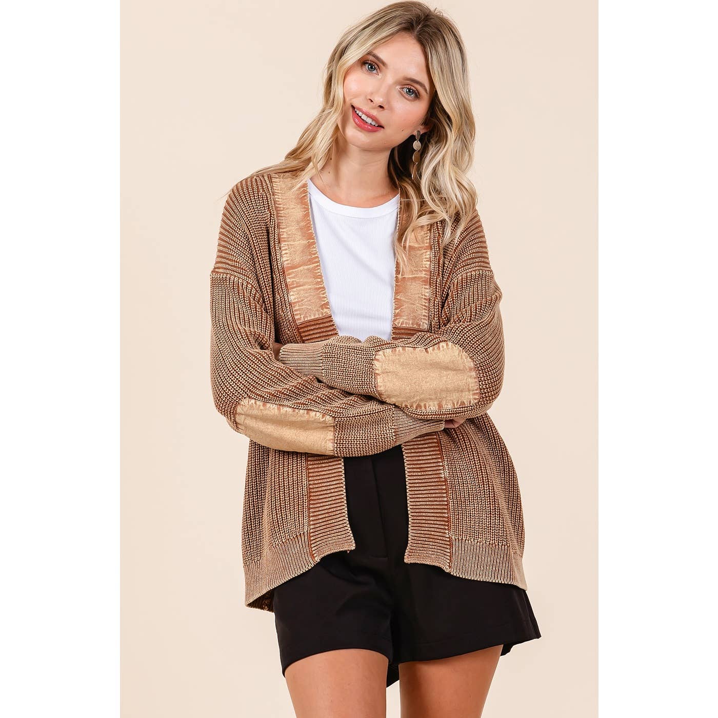 Mineral Wash Contrast Patch Open Front Cardigan S20805