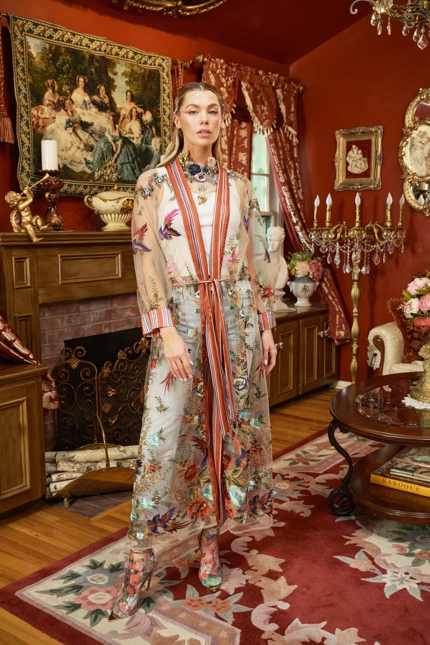Jade Embroidered Mesh Duster / Topper: Red Stripe/Emb / M