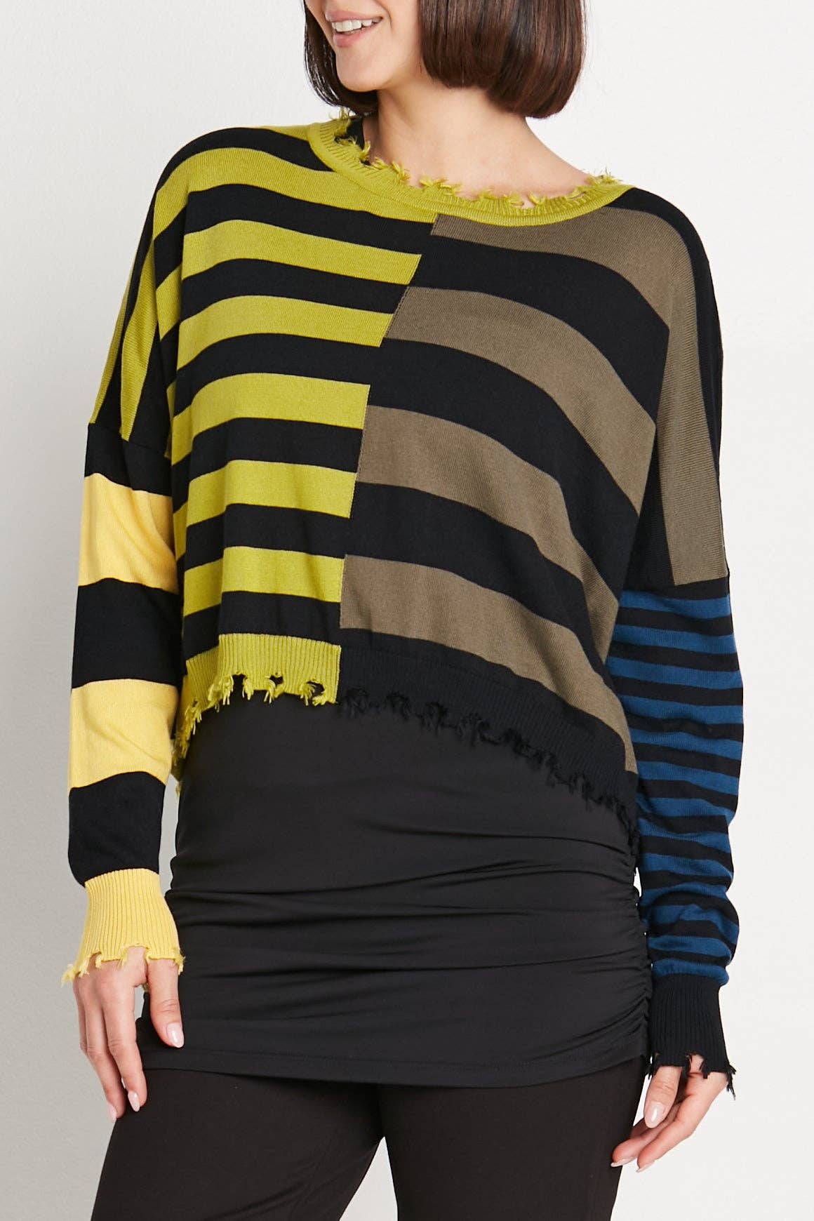Pima Cotton Mini Mixed Up Tattered Crewneck Sweater: Black/Chartreuse