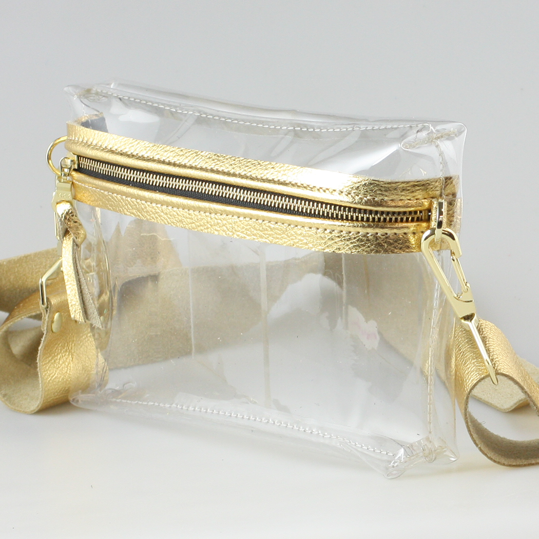 The CLEAR Stadium Hip Bag / Shoulder Bag: 2sizes: Gold / 9"x6" / Matching Leather Strap
