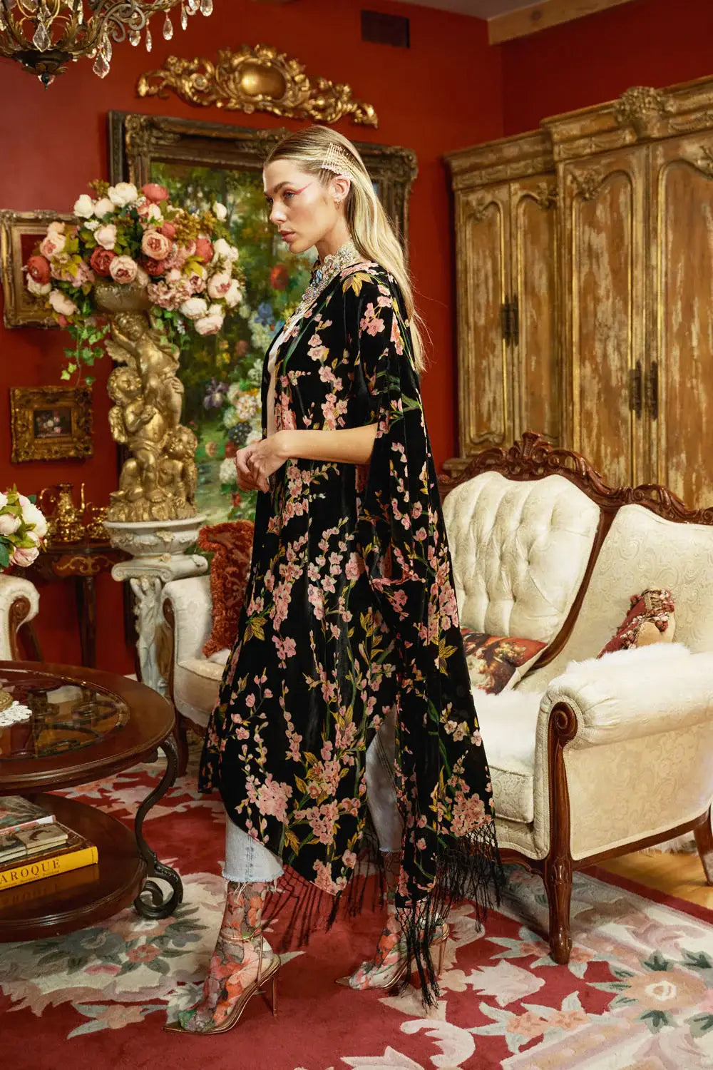 Holiday Garden Burnout Velvet Kimono / Topper : Black Burnout / One Size