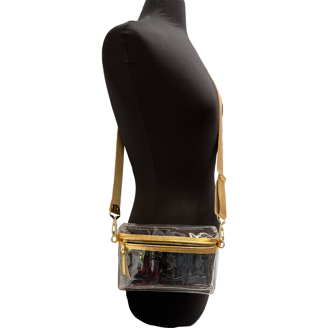 The CLEAR Stadium Hip Bag / Shoulder Bag: 2sizes: Gold / 9"x6" / Matching Leather Strap
