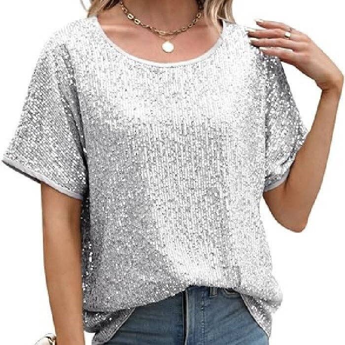 Sequin Deep V-Neck Short Sleeve Top: Silver / L