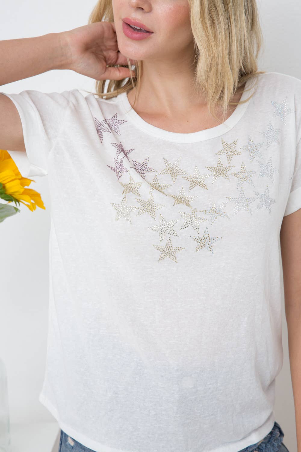 31433T - Star Studded Slub Cotton Jersey Tee: WHITE / LARGE