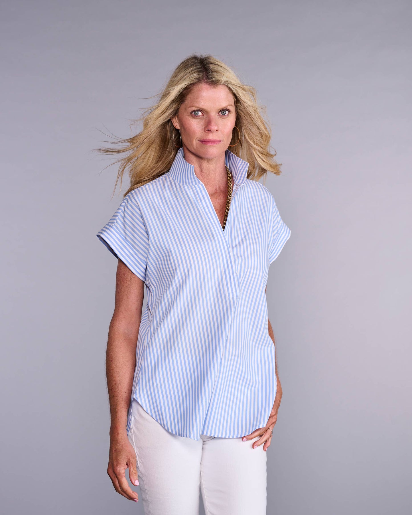 The Cap Sleeve League Blouse in Lapis Blue Stripe: XL