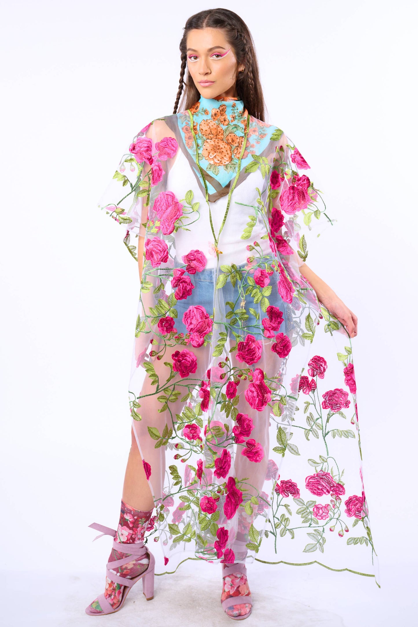 Holiday Of Love Embroidered Mesh Kimono / Topper : Rose Embroidery / One Size