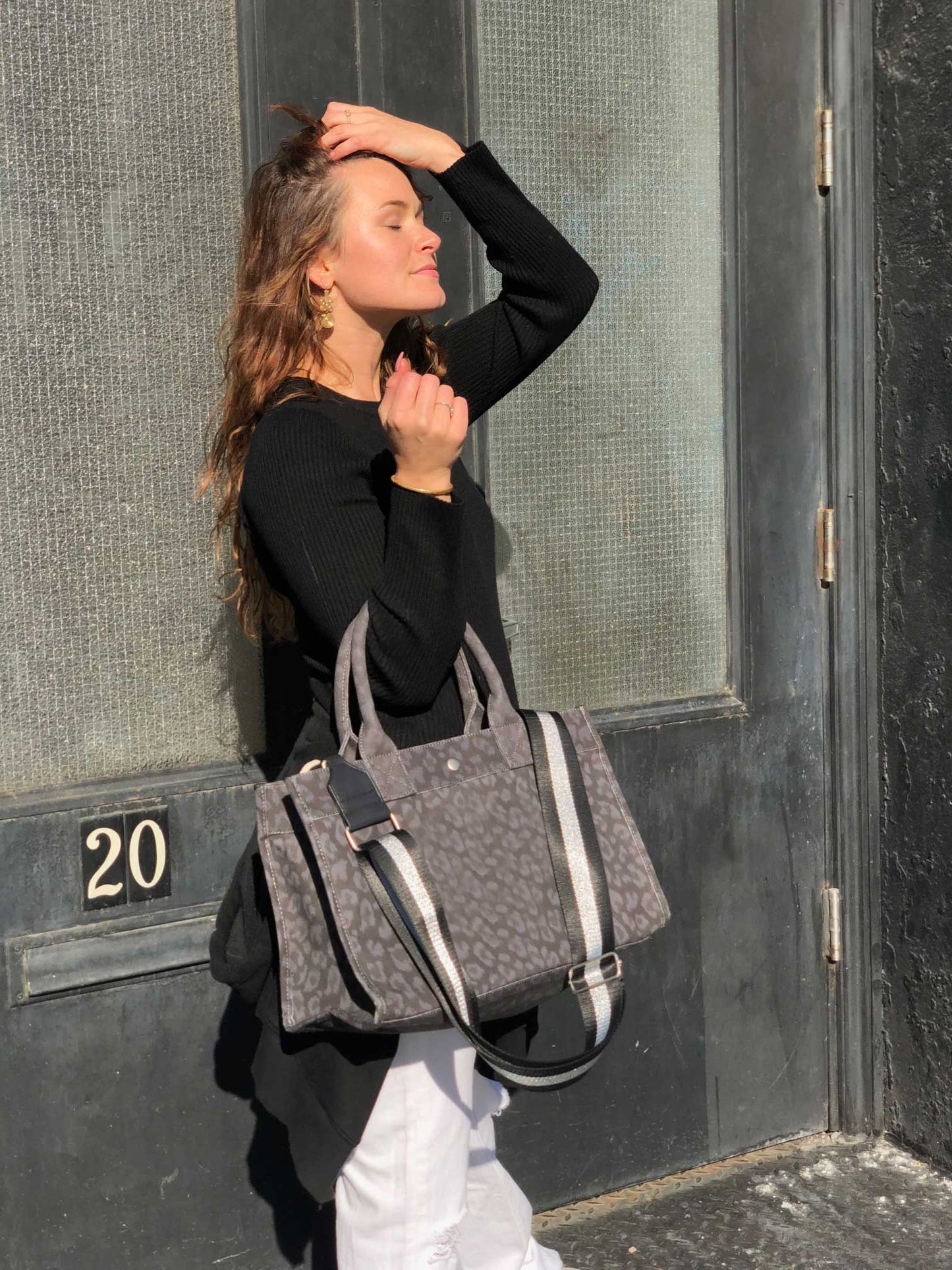 Black Leopard Midi East West Crossbody Bag