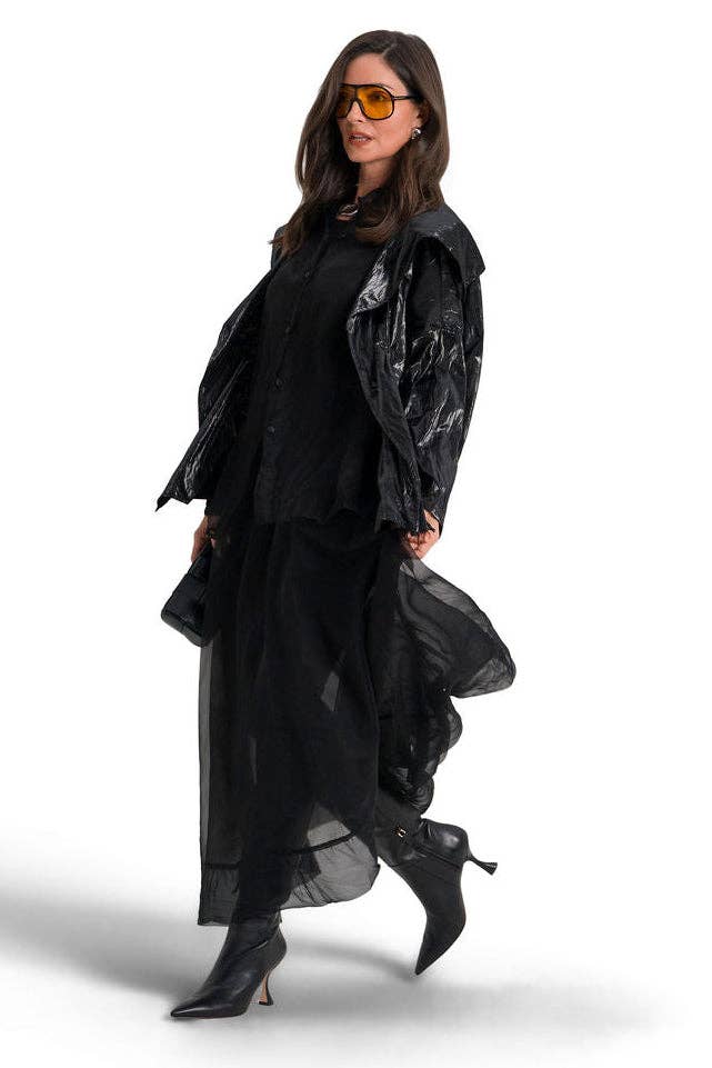 Vegan Crushed Patent Leather Drawstring Jacket - Black