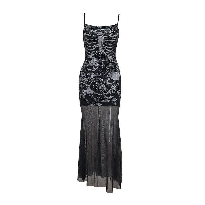 Skeleton Rose Bodycon Dress with Scoop Neck: Black / M