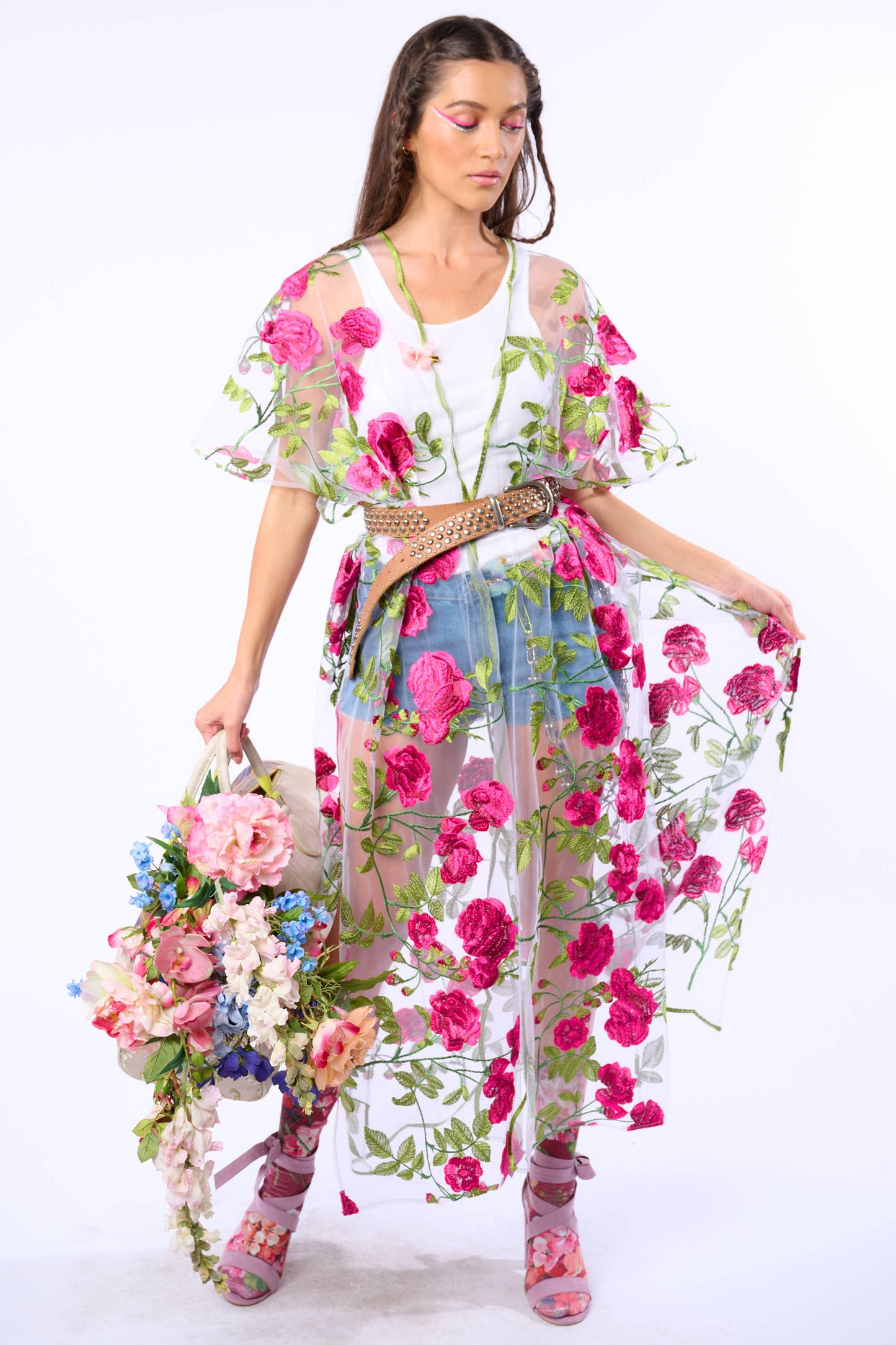 Holiday Of Love Embroidered Mesh Kimono / Topper : Rose Embroidery / One Size