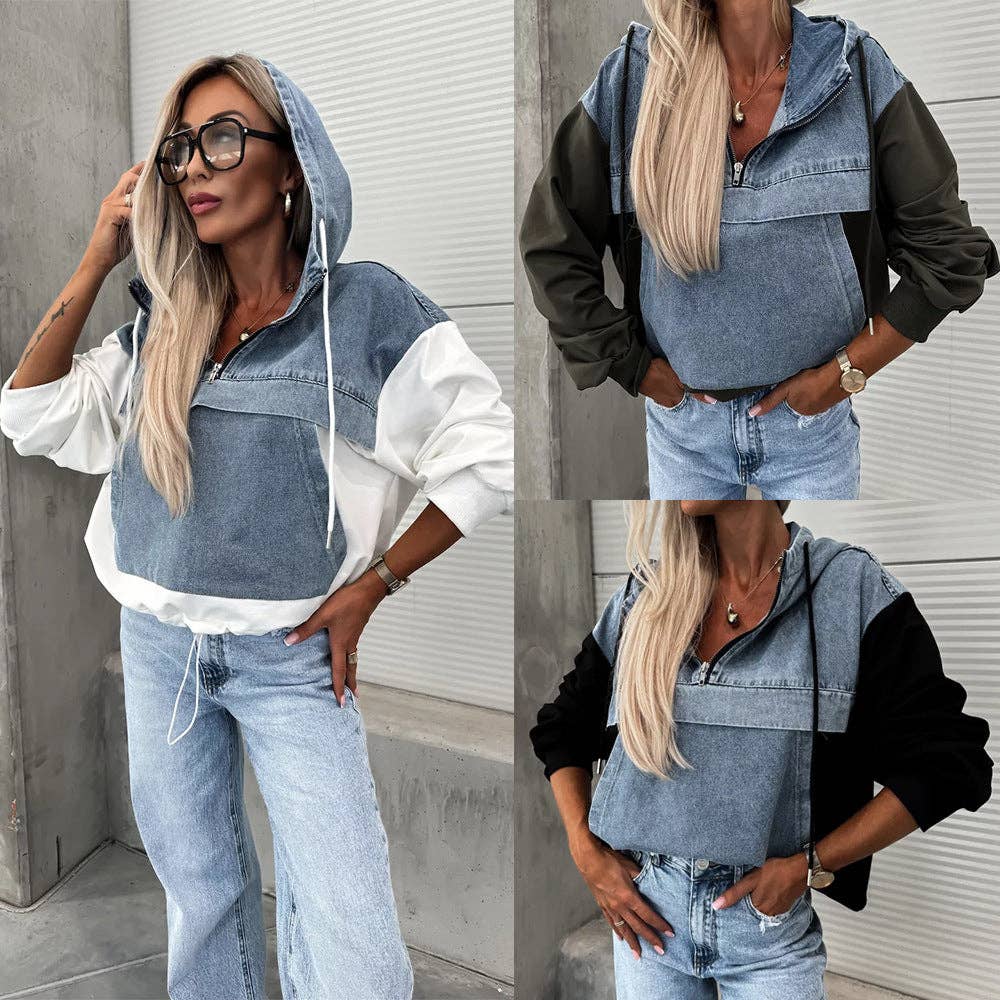 Casual Oversized Denim Hoodie for Women: Black / L