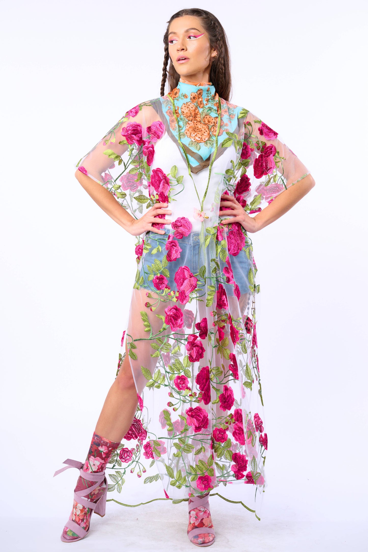 Holiday Of Love Embroidered Mesh Kimono / Topper : Rose Embroidery / One Size