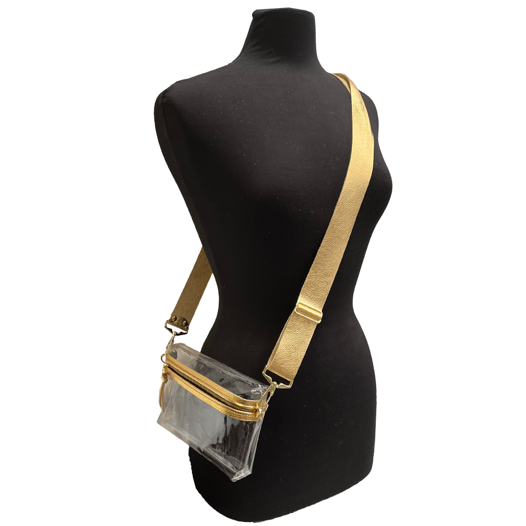 The CLEAR Stadium Hip Bag / Shoulder Bag: 2sizes: Gold / 9"x6" / Matching Leather Strap