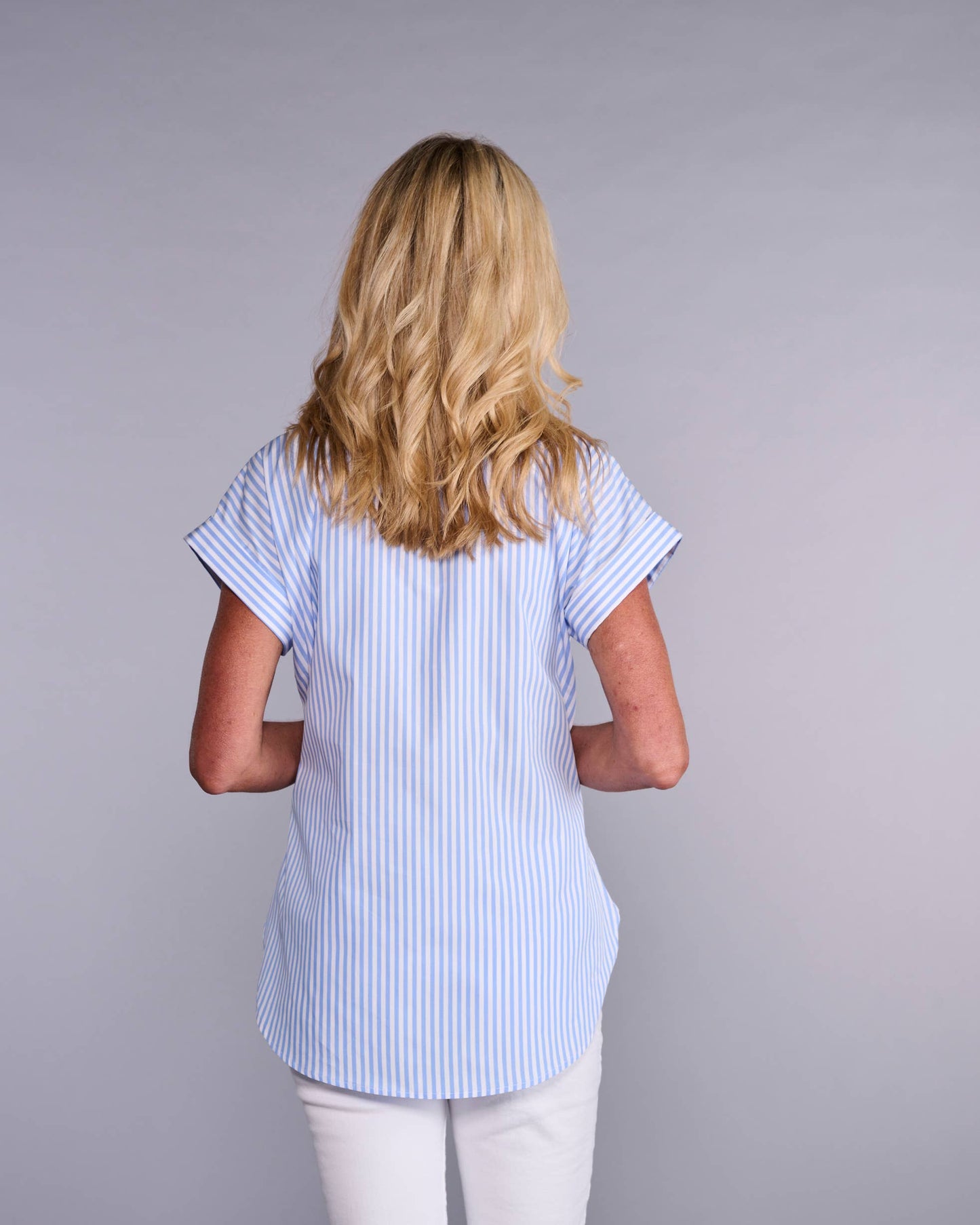 The Cap Sleeve League Blouse in Lapis Blue Stripe: XL
