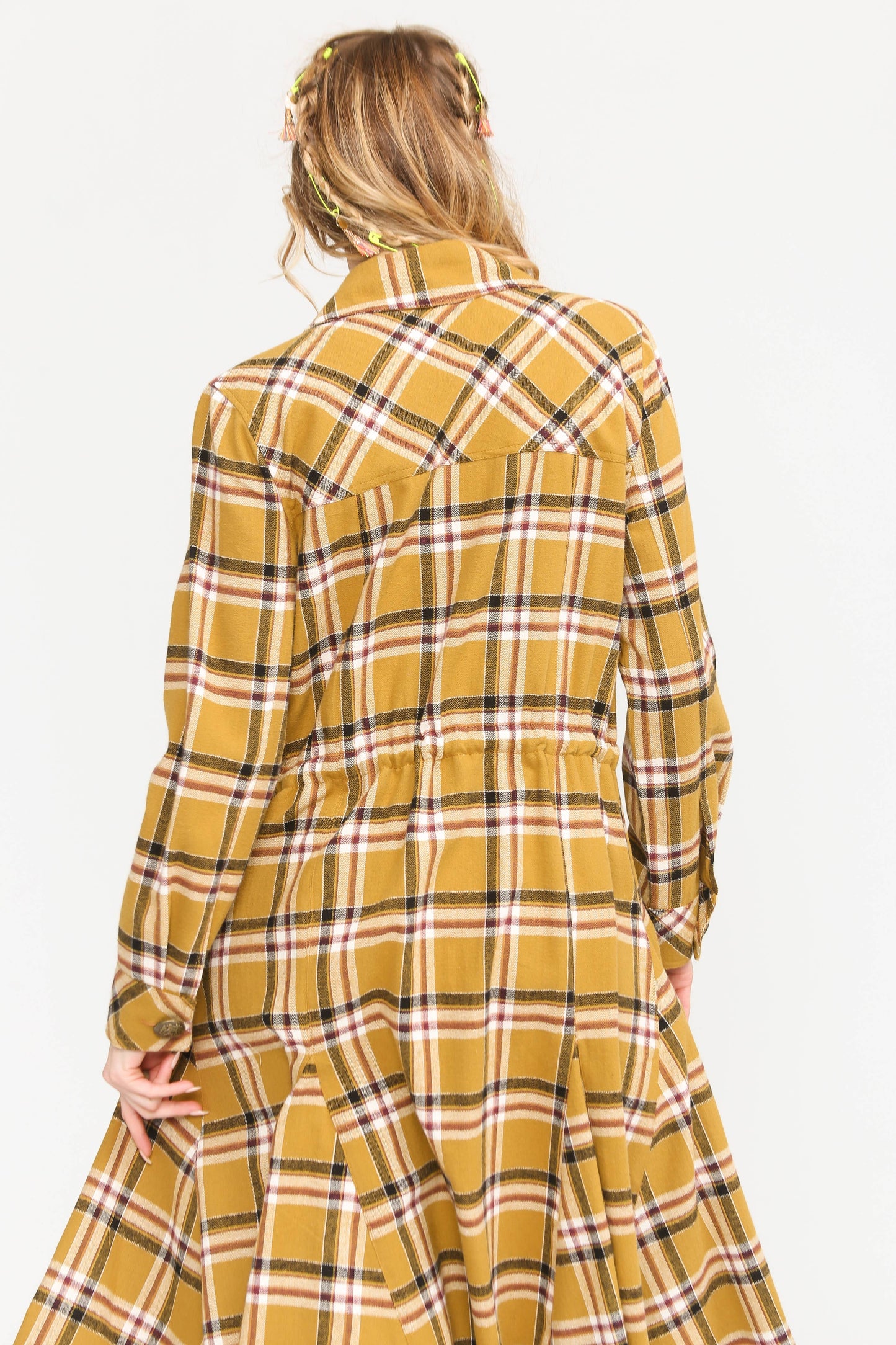 Coco Plaid Trench Coat: Mustard Combo / M
