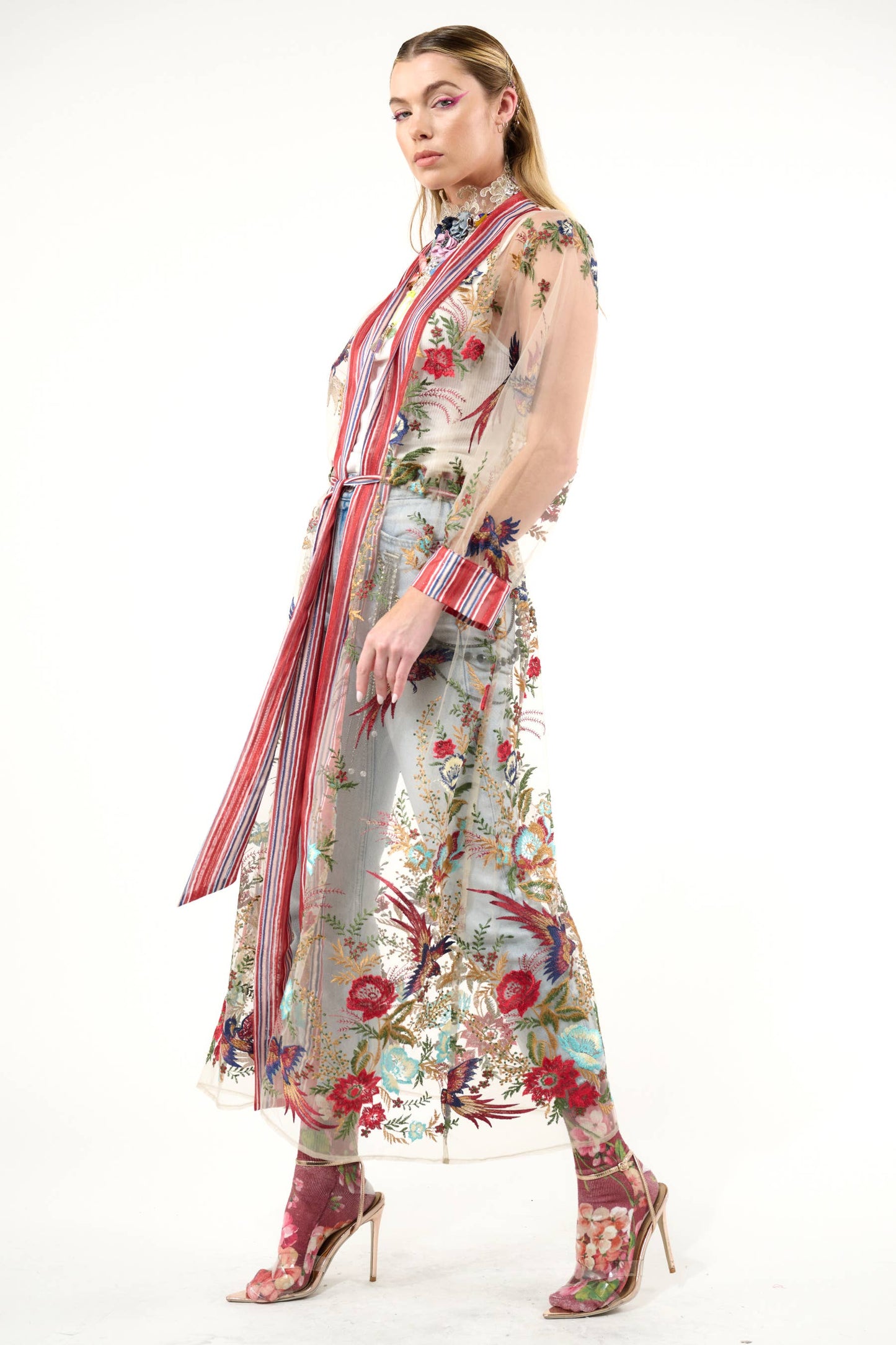 Jade Embroidered Mesh Duster / Topper: Red Stripe/Emb / M