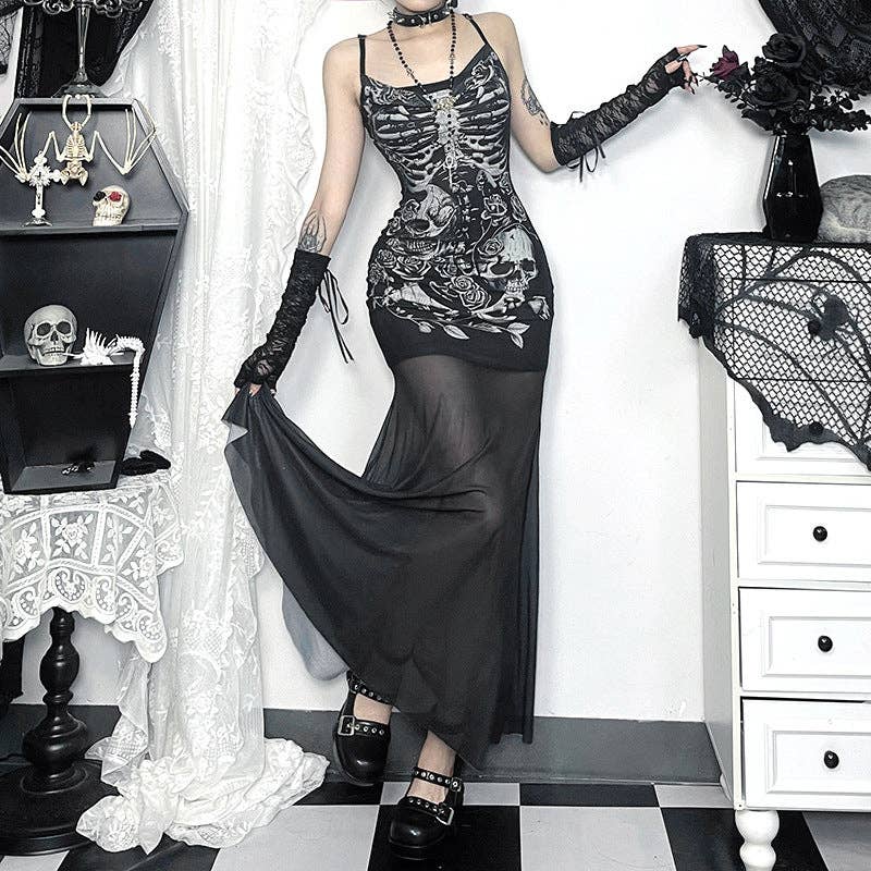 Skeleton Rose Bodycon Dress with Scoop Neck: Black / M