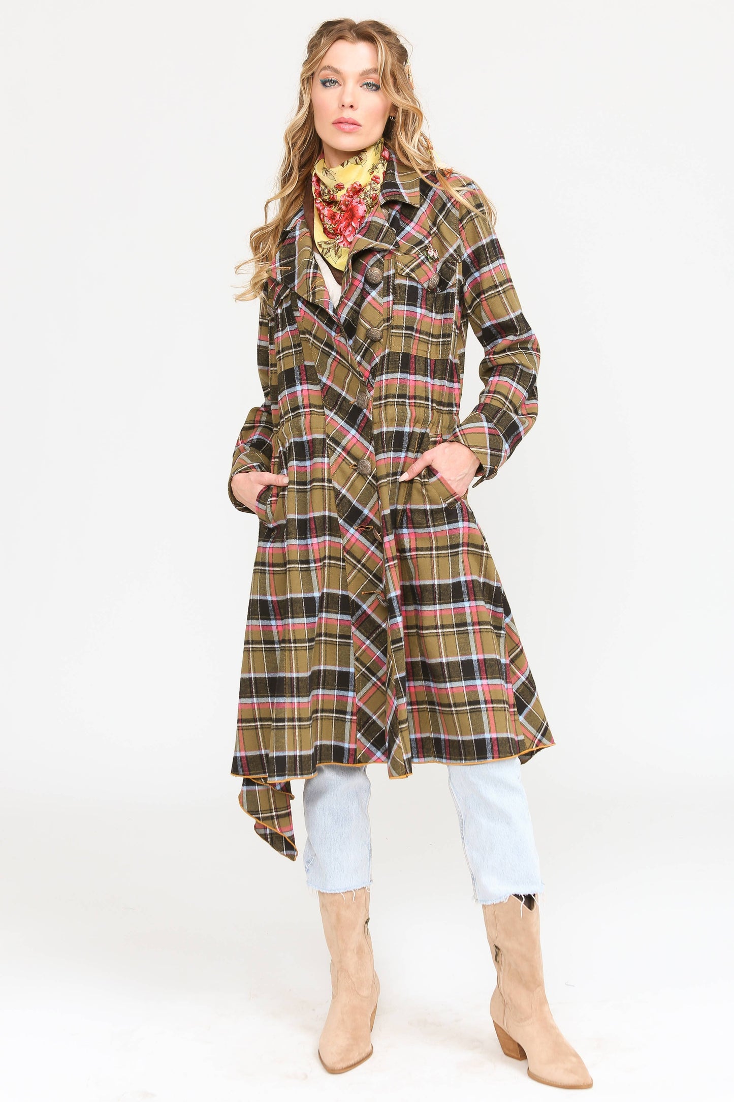 Coco Plaid Trench Coat: Black/Fuschia / L