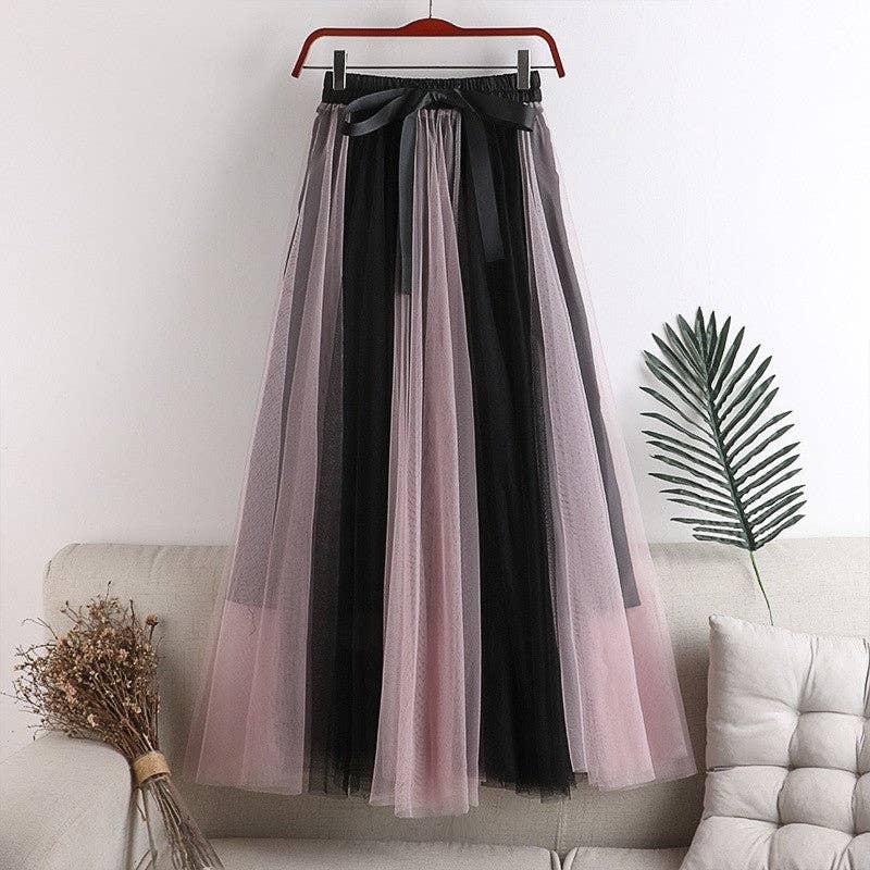 Color-Block Tulle Midi Puff Half Skirt: BLUE / One_size