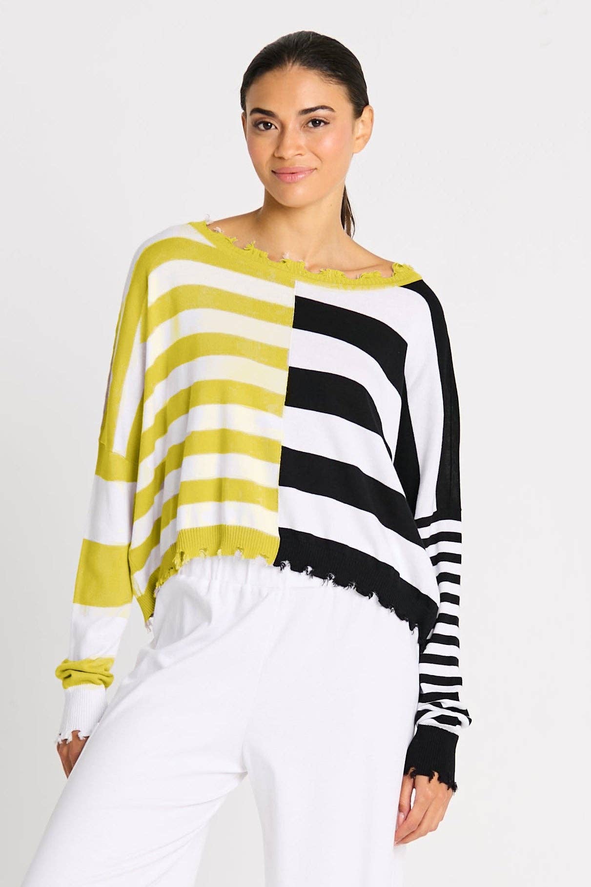 Pima Cotton Mini Mixed Up Tattered Crewneck Sweater - Black/Chartreuse/White