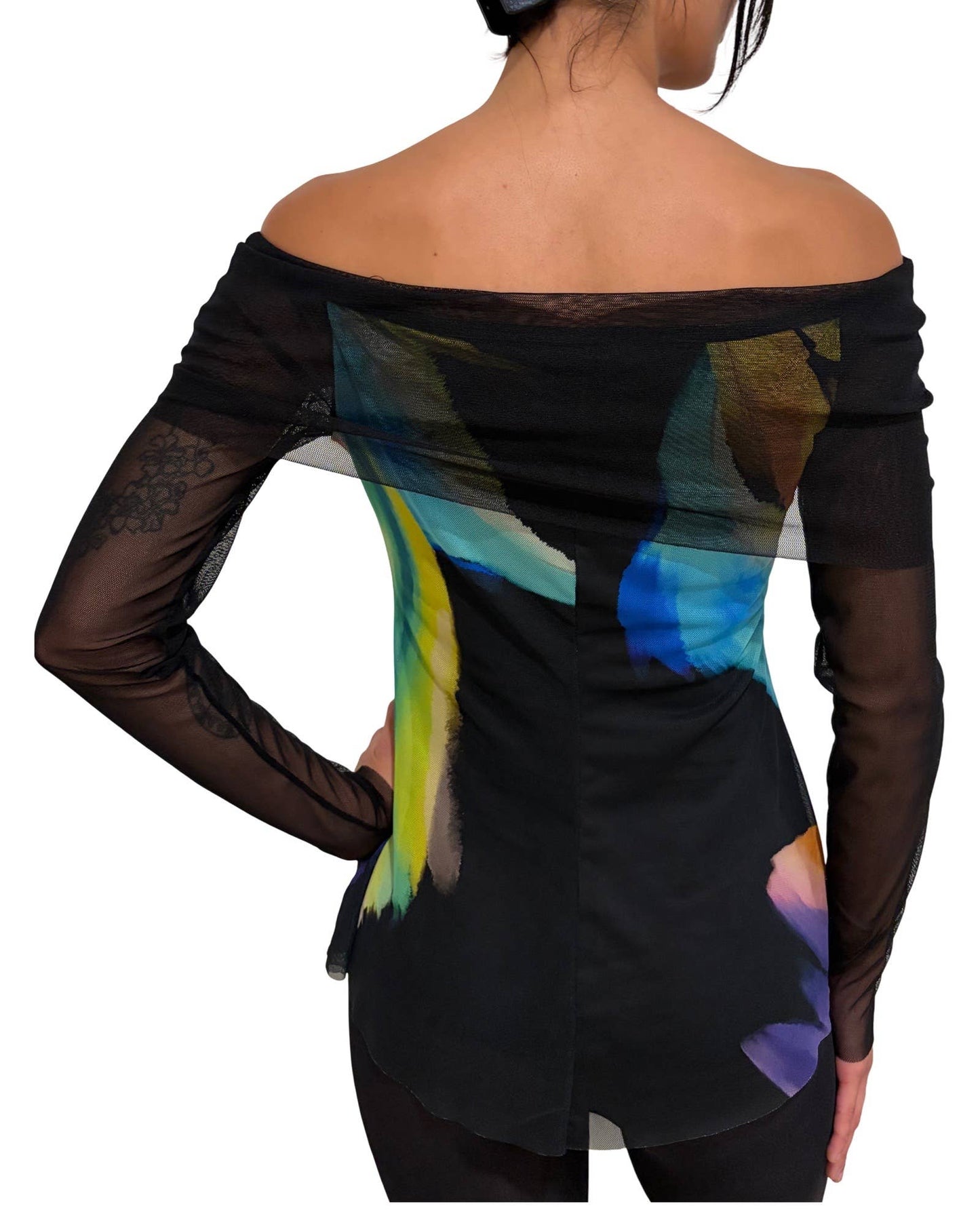 GLORY Draped Neckline Off-Shoulder Long Sleeves Print Top - Elana Kattan