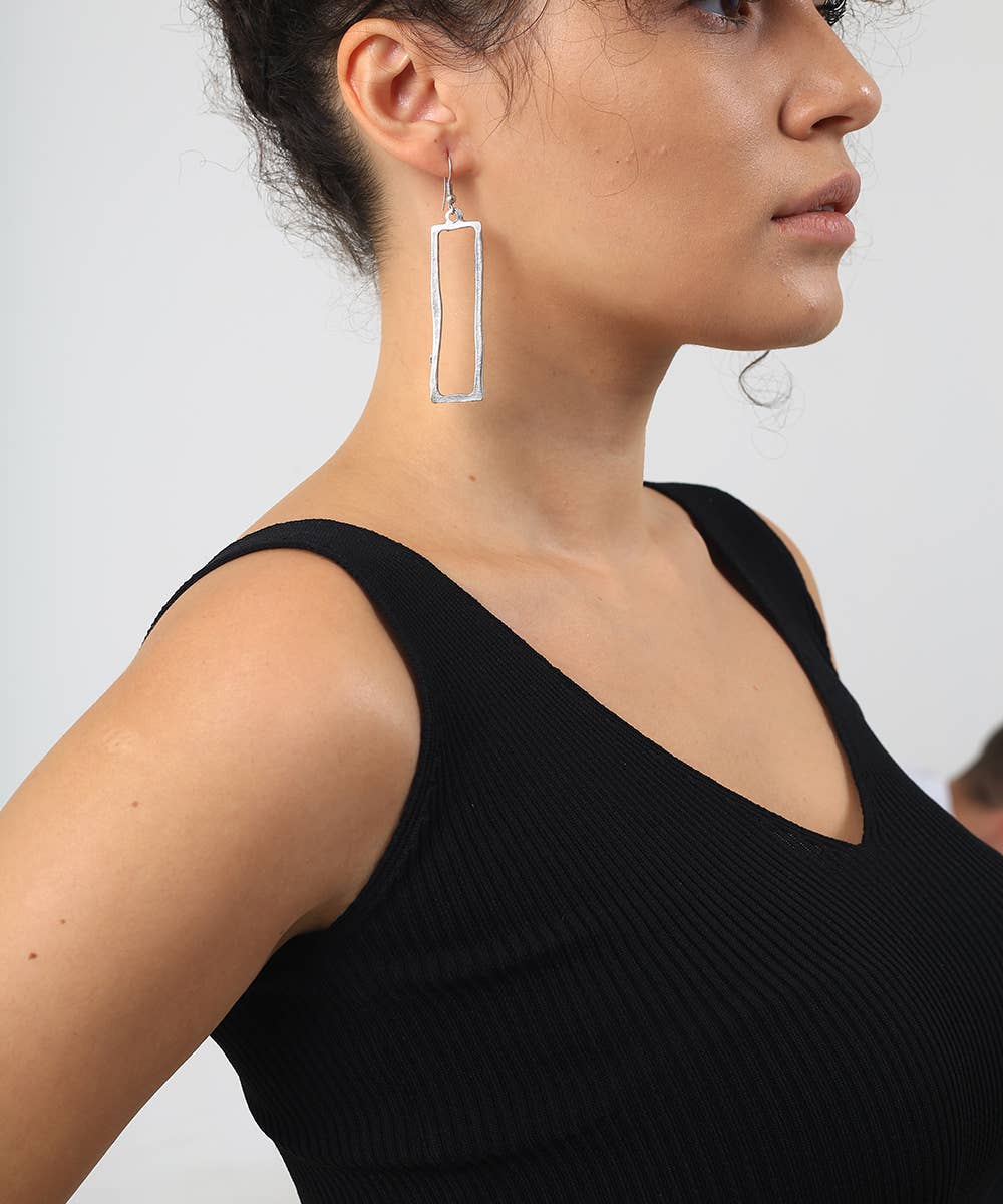 Antique Silver Plated Long Rectengular Style Earrings