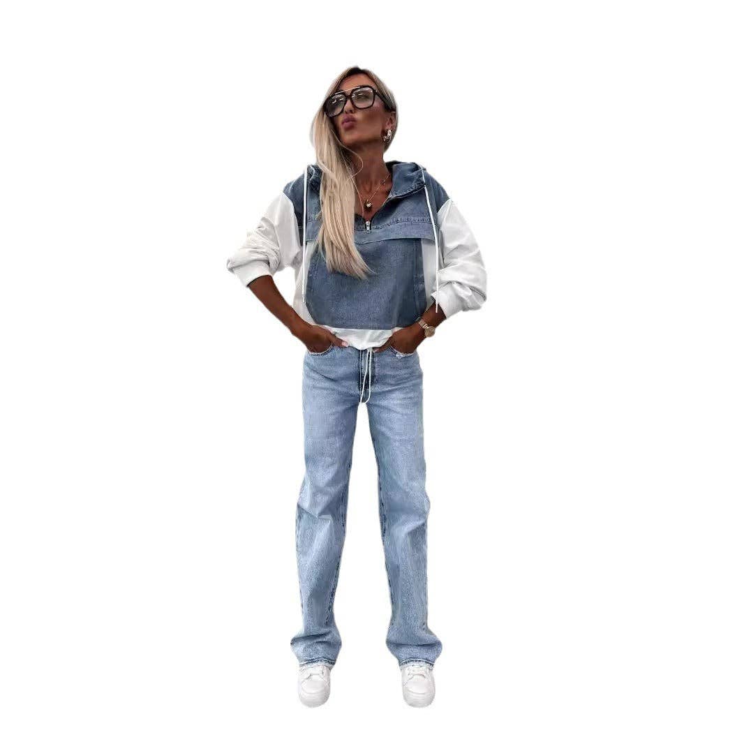 Casual Oversized Denim Hoodie for Women: Black / L