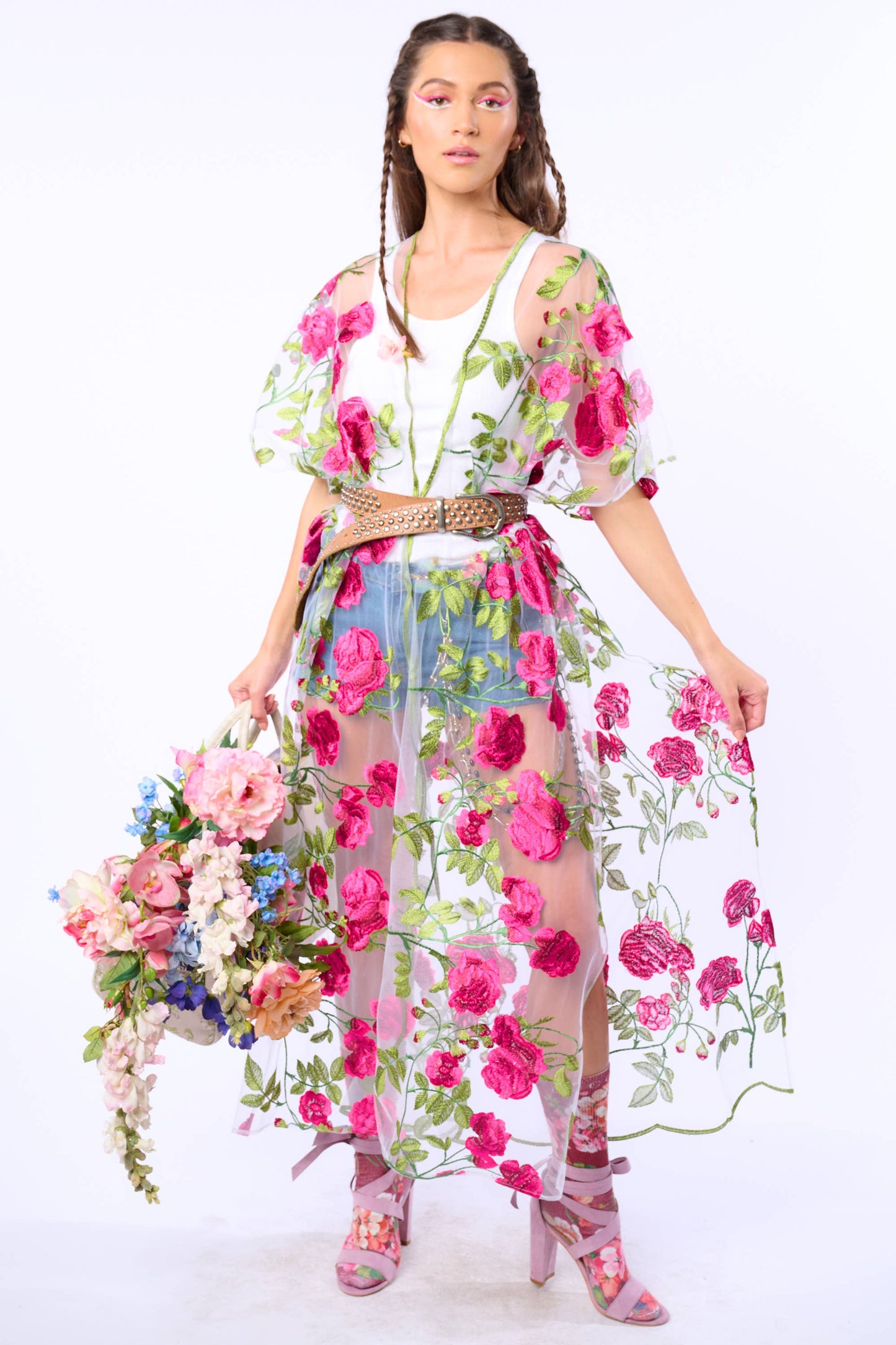 Holiday Of Love Embroidered Mesh Kimono / Topper : Rose Embroidery / One Size