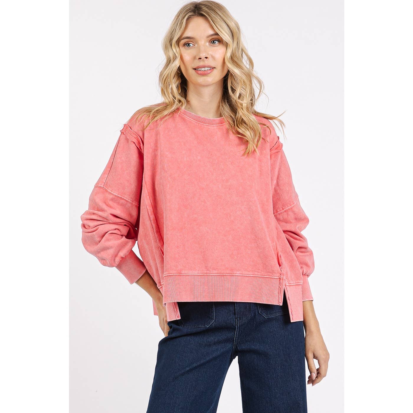 Mineral Wash Step Hem Crew Neck Long Sleeve Top S15459