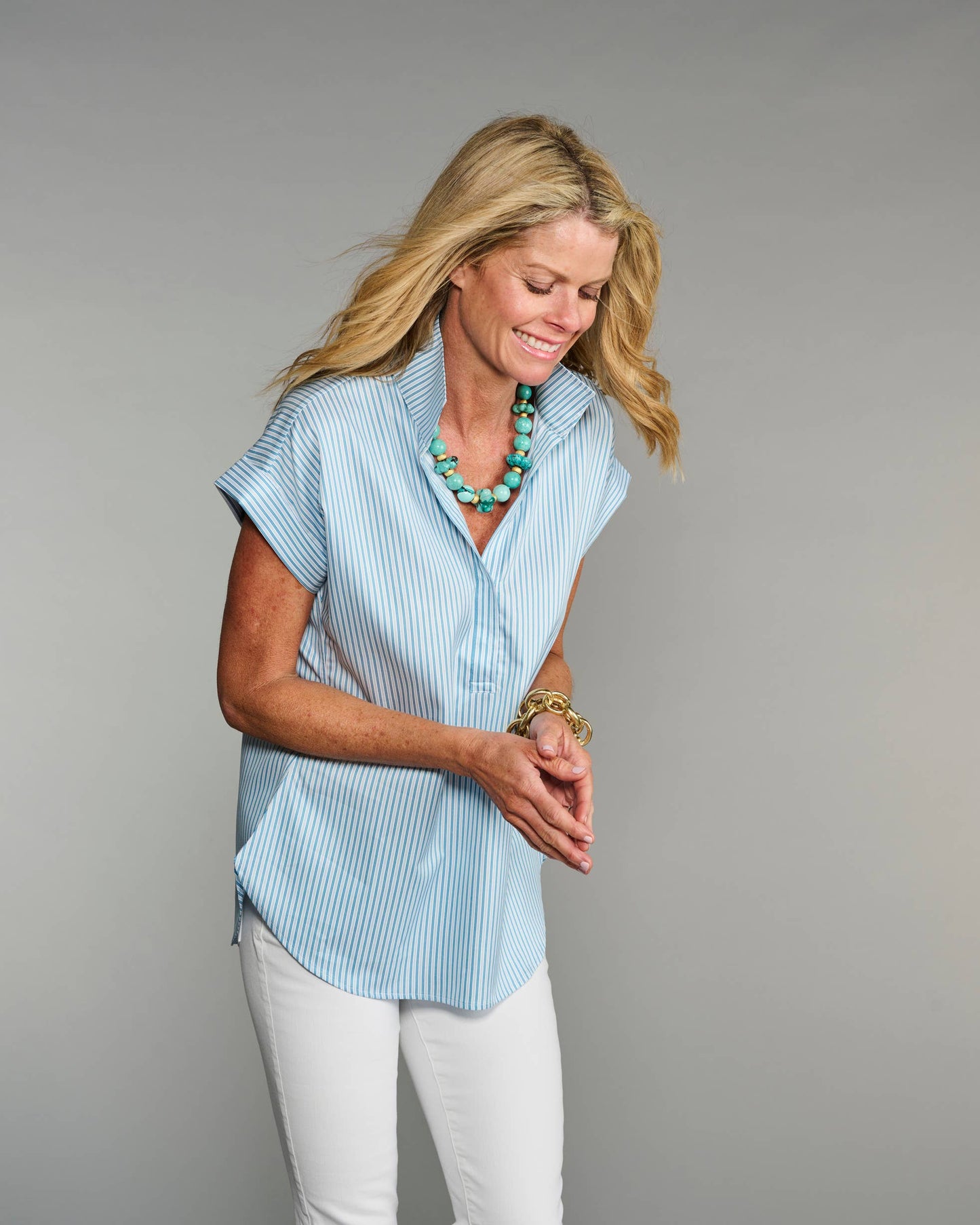 The Cap Sleeve League Blouse Sea Glass Stripe: Blue / S