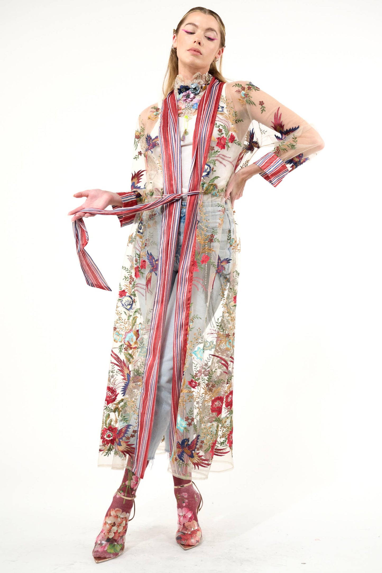 Jade Embroidered Mesh Duster / Topper: Red Stripe/Emb / M
