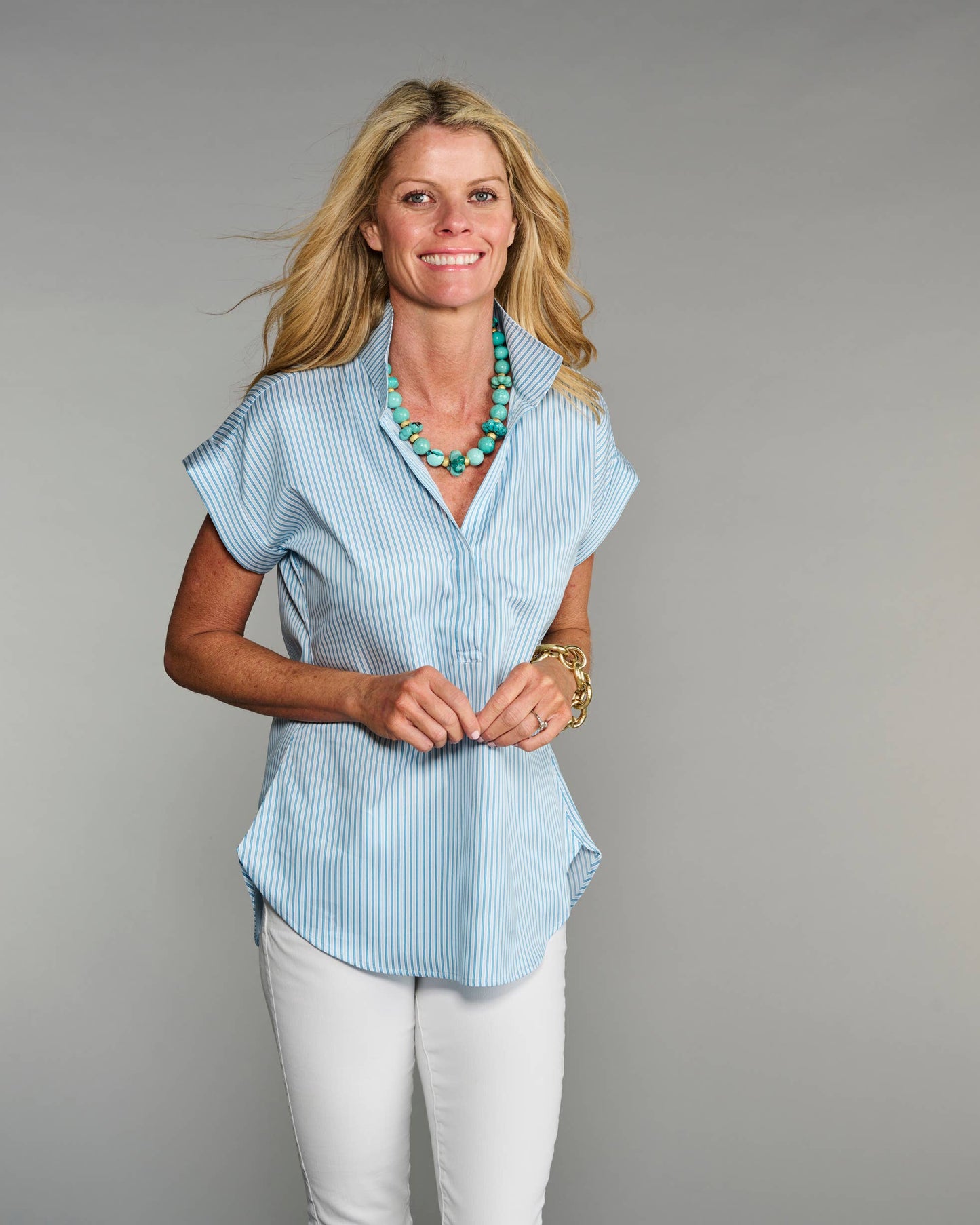 The Cap Sleeve League Blouse Sea Glass Stripe