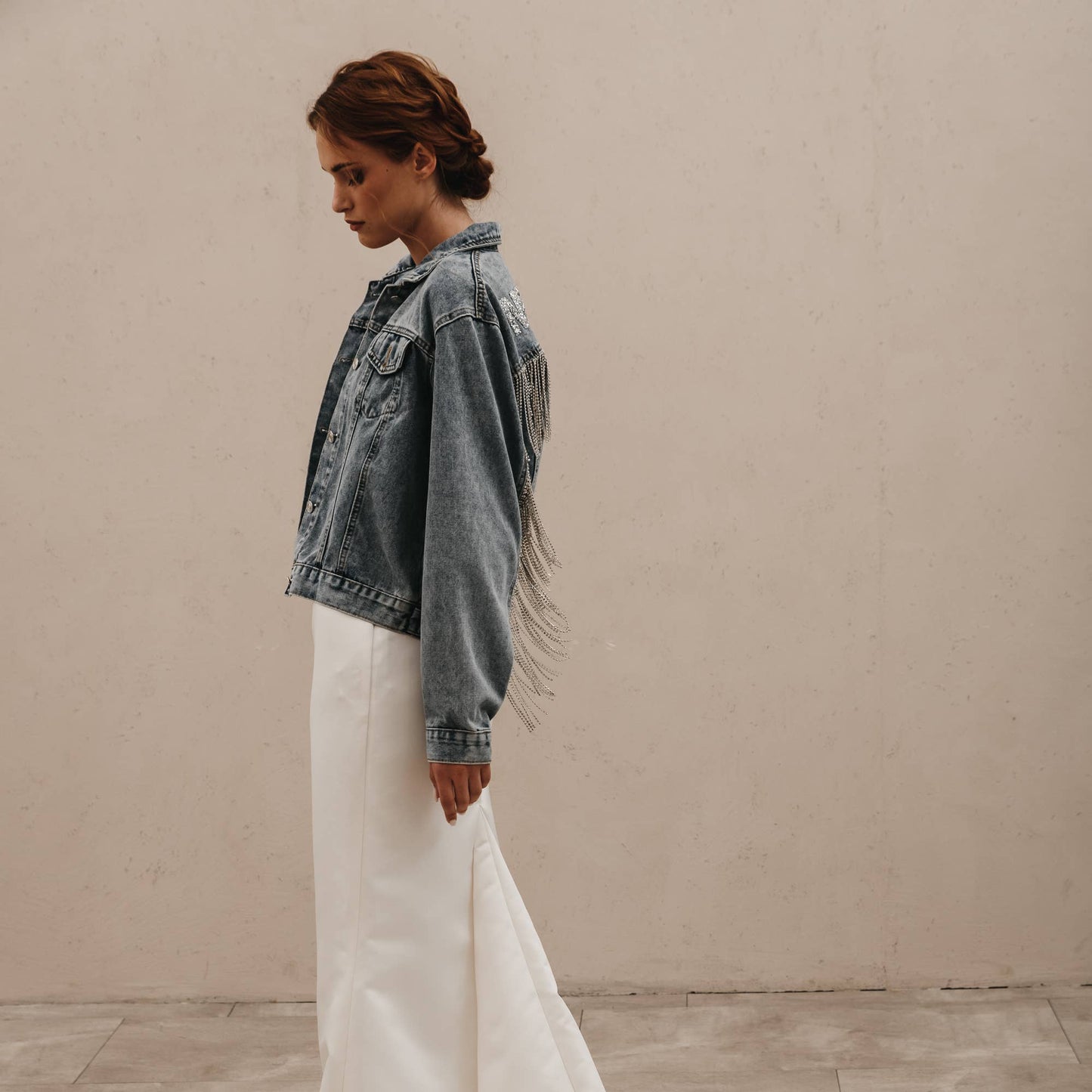 Rhinestone Fringe Jacket: S / Black Denim