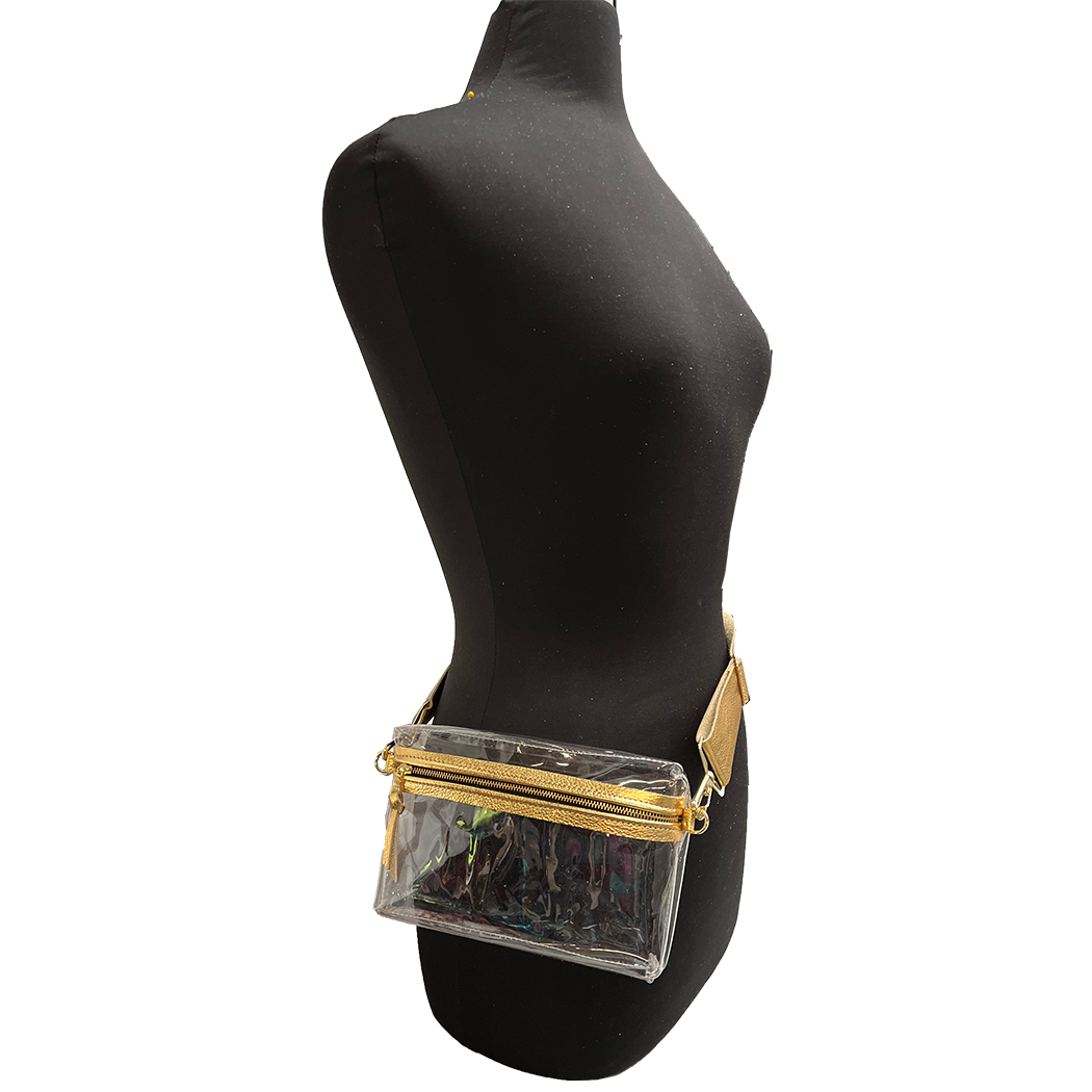 The CLEAR Stadium Hip Bag / Shoulder Bag: 2sizes: Gold / 9"x6" / Matching Leather Strap