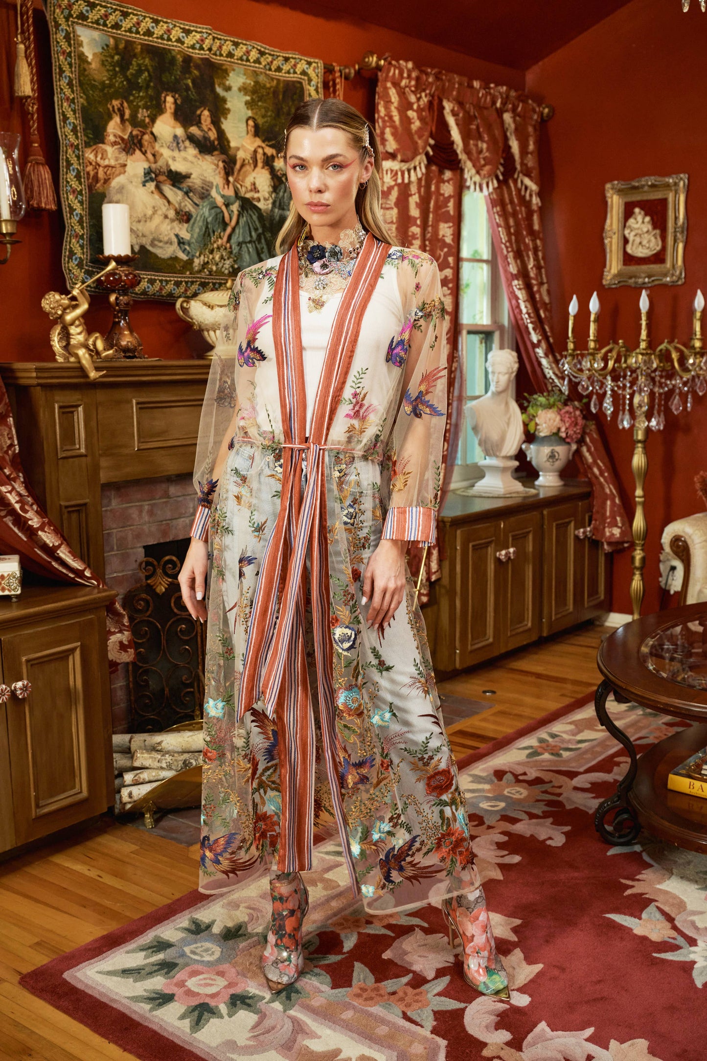 Jade Embroidered Mesh Duster / Topper: Red Stripe/Emb / M