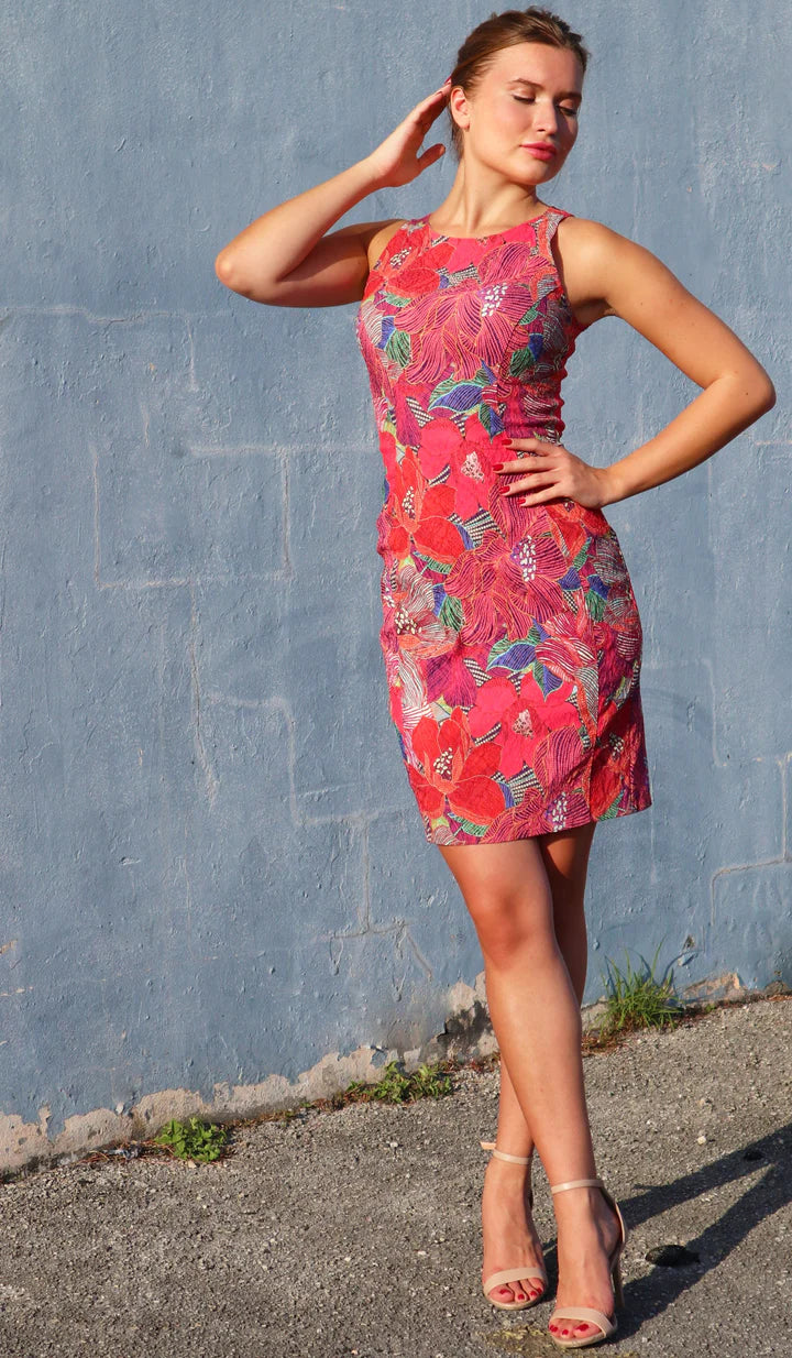 LAUREN Textured Floral Fitted Sleeveless Sheath Dress