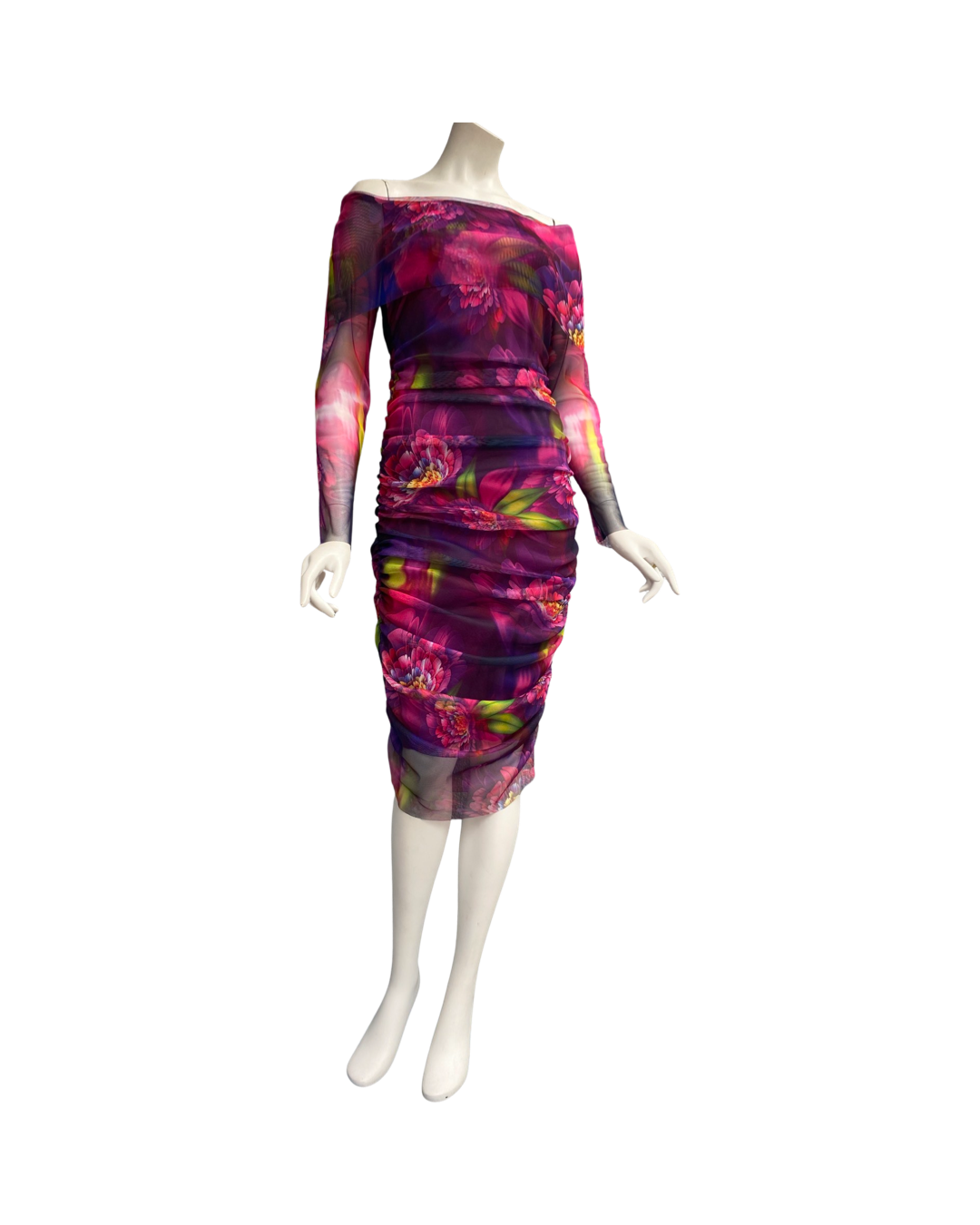 LILLIAN Draped Neckline Off-Shoulder Long Sleeves Print Midi - Elana Kattan